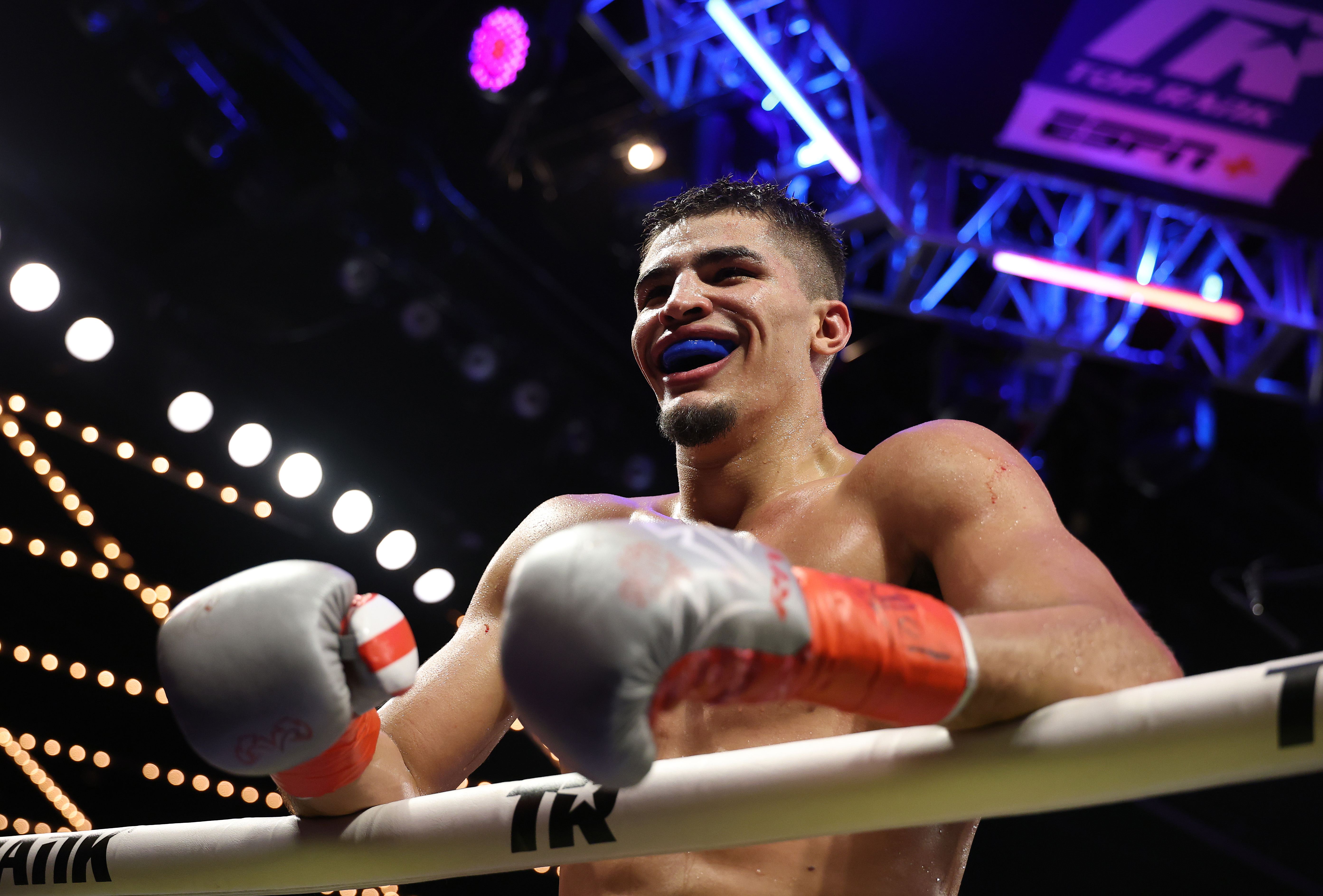 Xander Zayas celebrates after his TKO win over Slawa Spomer in Madison Square Garden in February 2025.