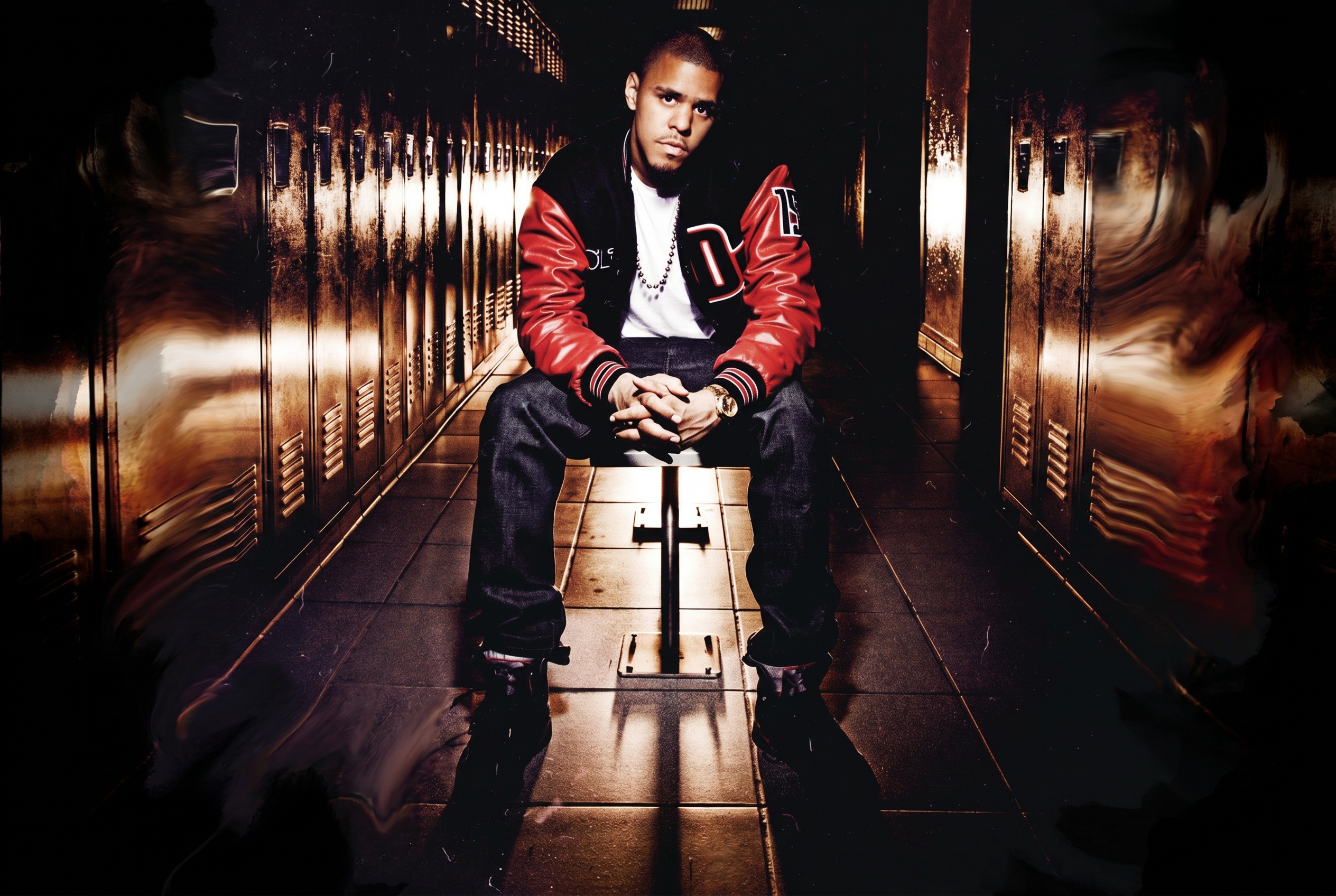 A man in a red and black varsity jacket sits on a stool in a dimly lit hallway with lockers.