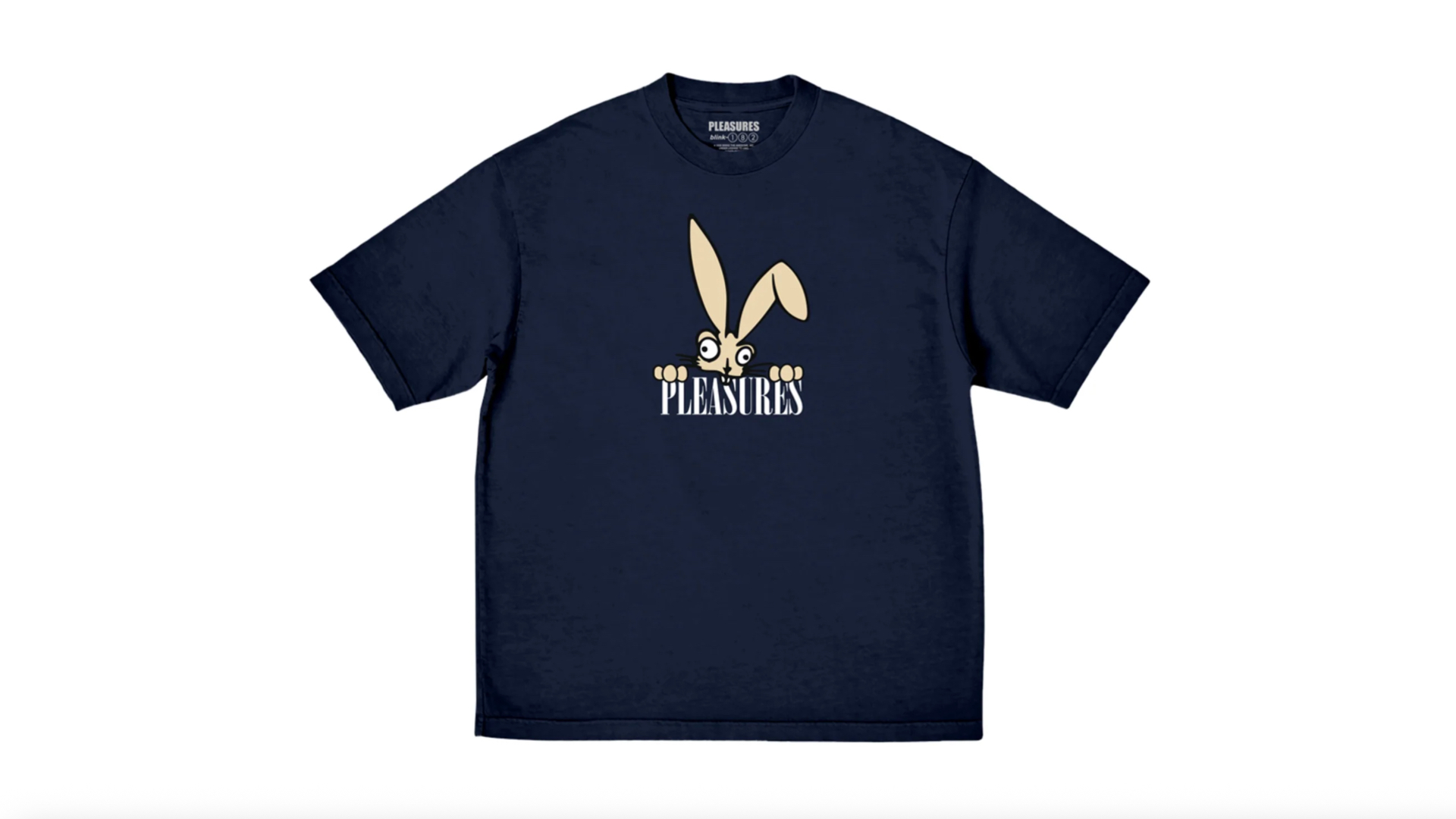 Navy blue T-shirt featuring a cartoon rabbit with large ears above the word "PLEASURES" in bold, stylized font.