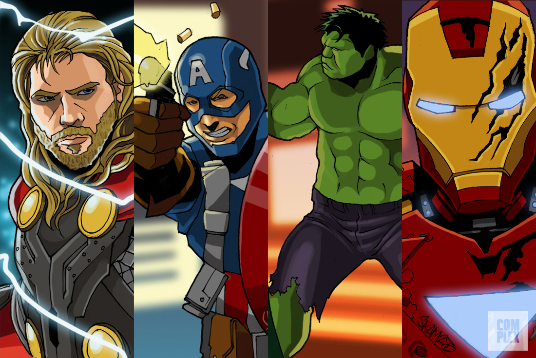Four comic-style illustrations of Thor, Captain America, Hulk, and Iron Man in dynamic action poses.