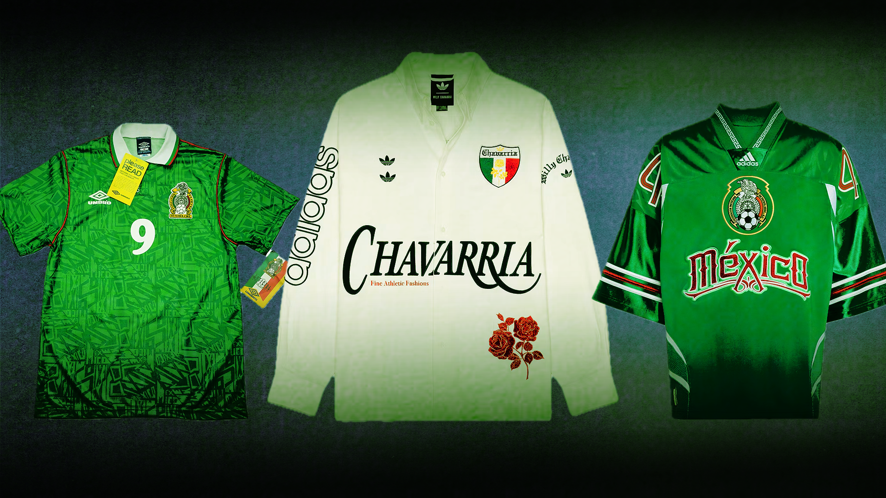 The Best Mexico Gear to Buy for the 2026 World Cup includes vintage Hugo Sanchez Umbro jerseys, Willy Chavarria x Adidas dress shirts, and remixed Adidas tops.