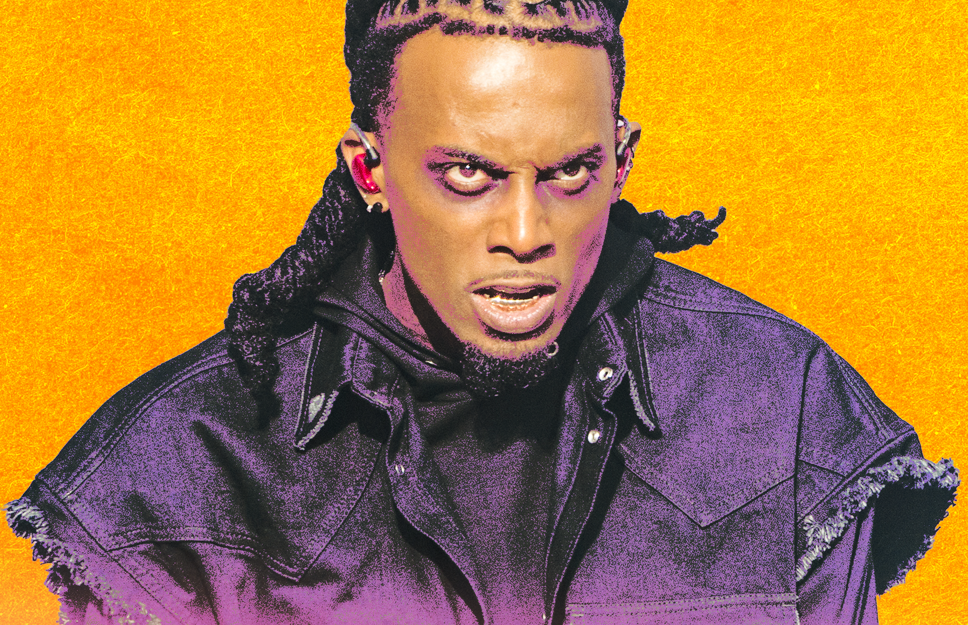 A person with braided hair and intense expression, wearing a dark jacket, against a bright orange background.