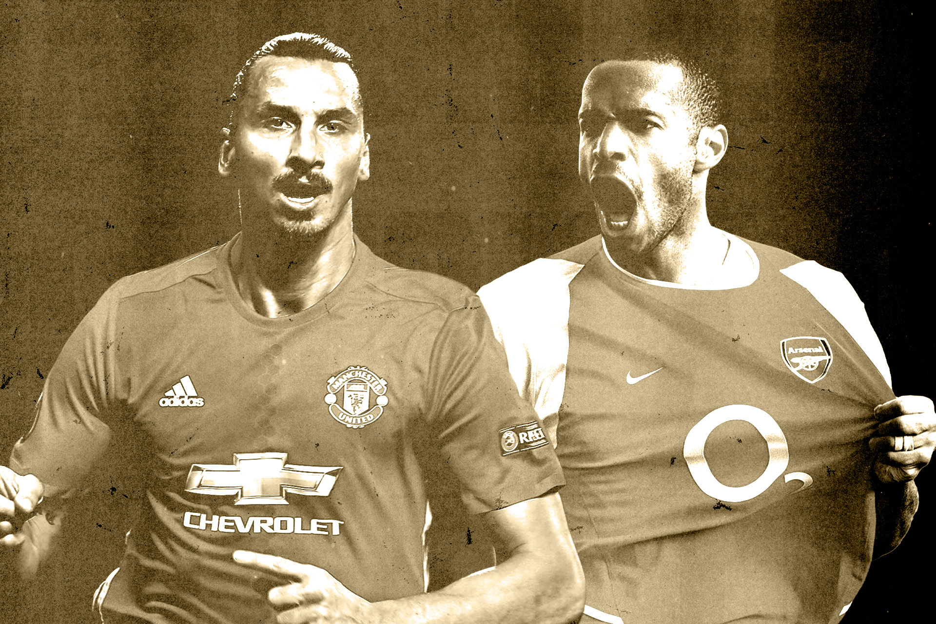 Zlatan Ibrahimovic and Thierry Henry celebrate scoring goals.