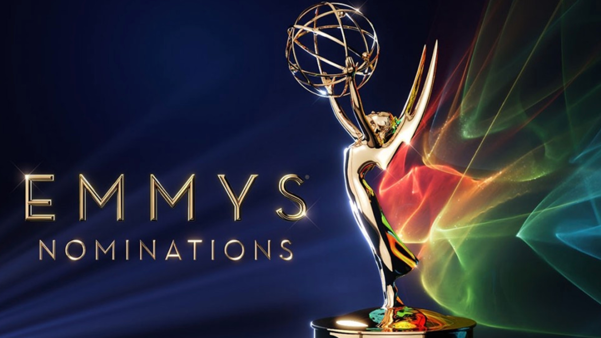 Emmys nominations image featuring a golden Emmy statuette with colorful light trails on a dark background.