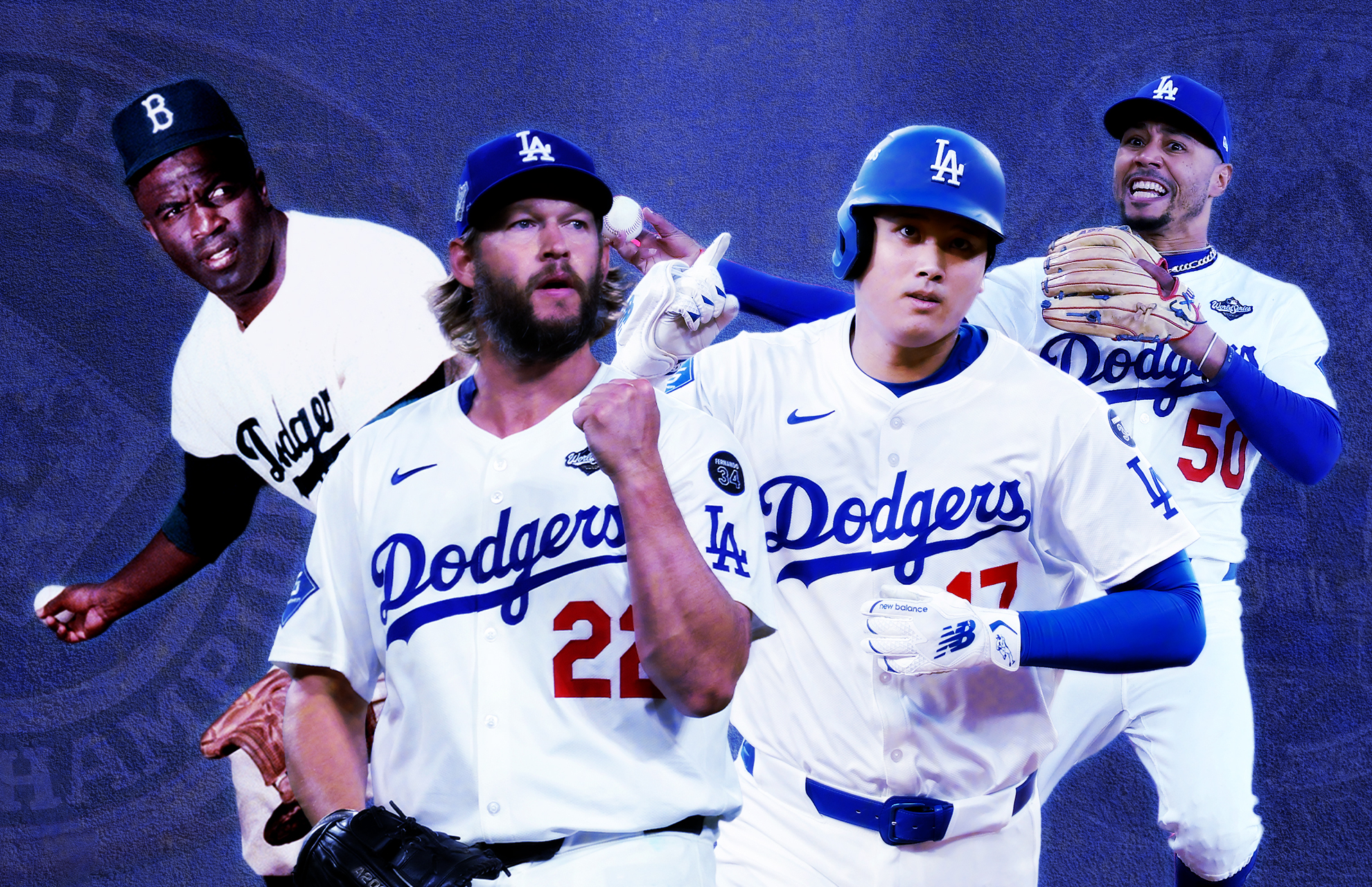 Jackie Robinson, Clayton Kershaw, Shohei Ohtani, and Mookie Betts in Dodger blue.