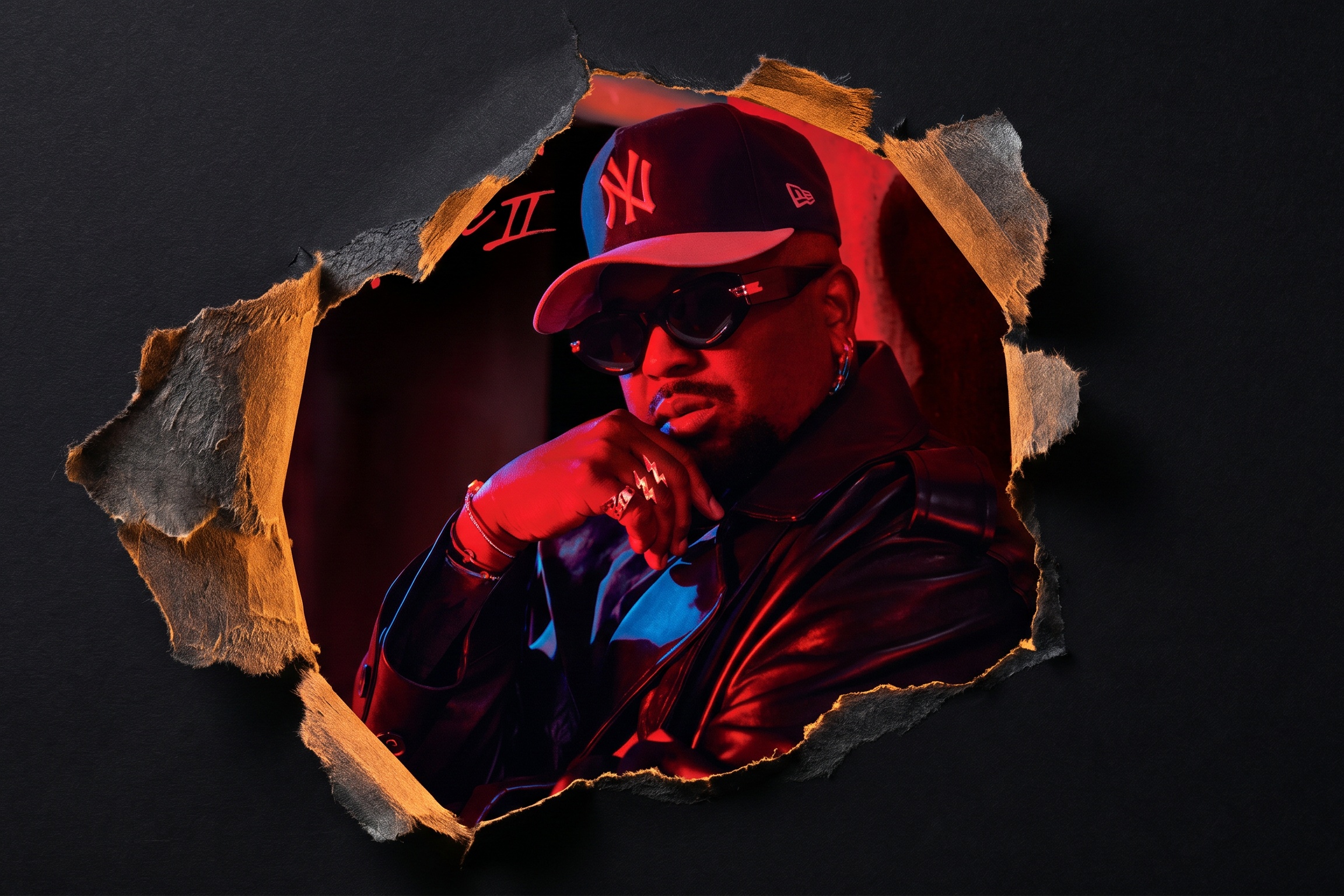 A person wearing a New York Yankees cap and sunglasses, surrounded by a torn paper effect with a red background.