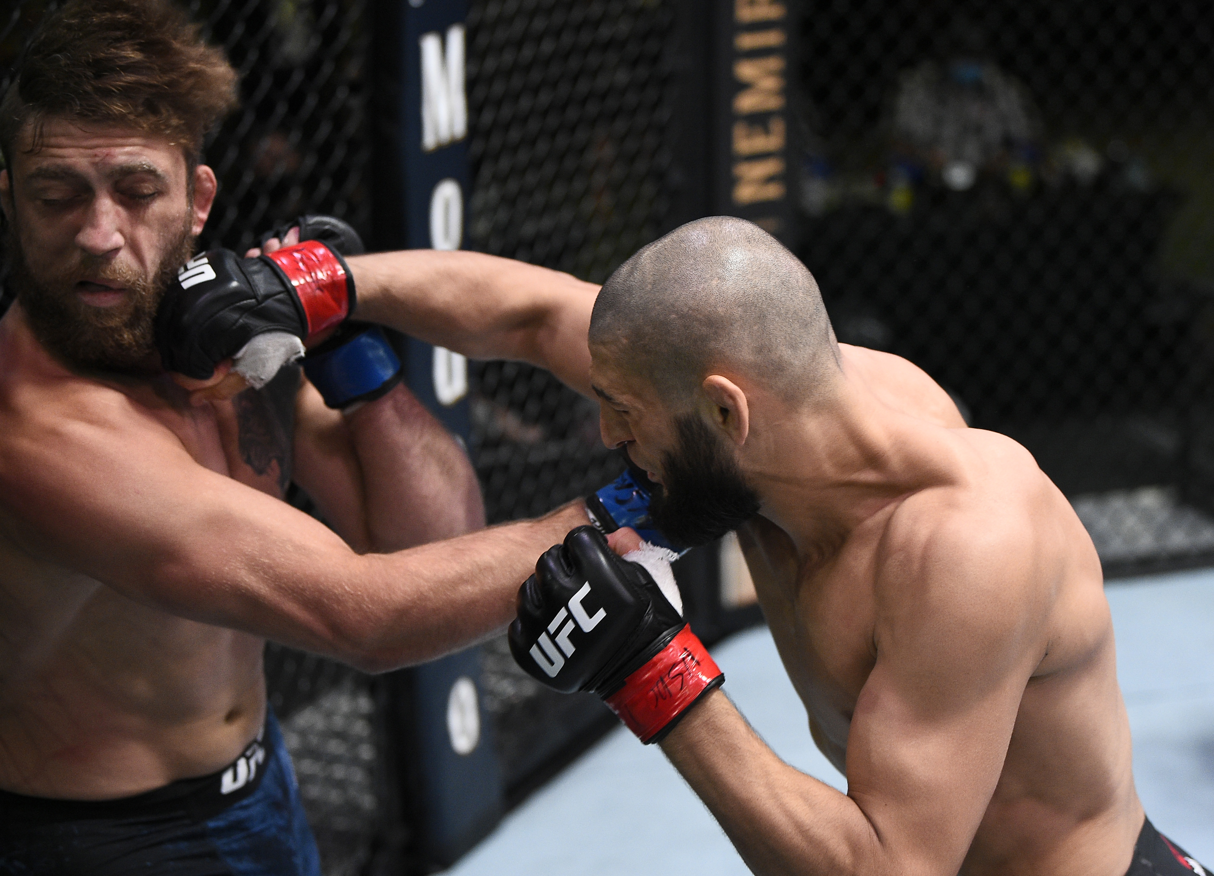 Khamzat Chimaev of Chechnya punches Gerald Meerschaert in their middleweight bout during the UFC Fight Night event at UFC APEX on September 19, 2020 in Las Vegas, Nevada.