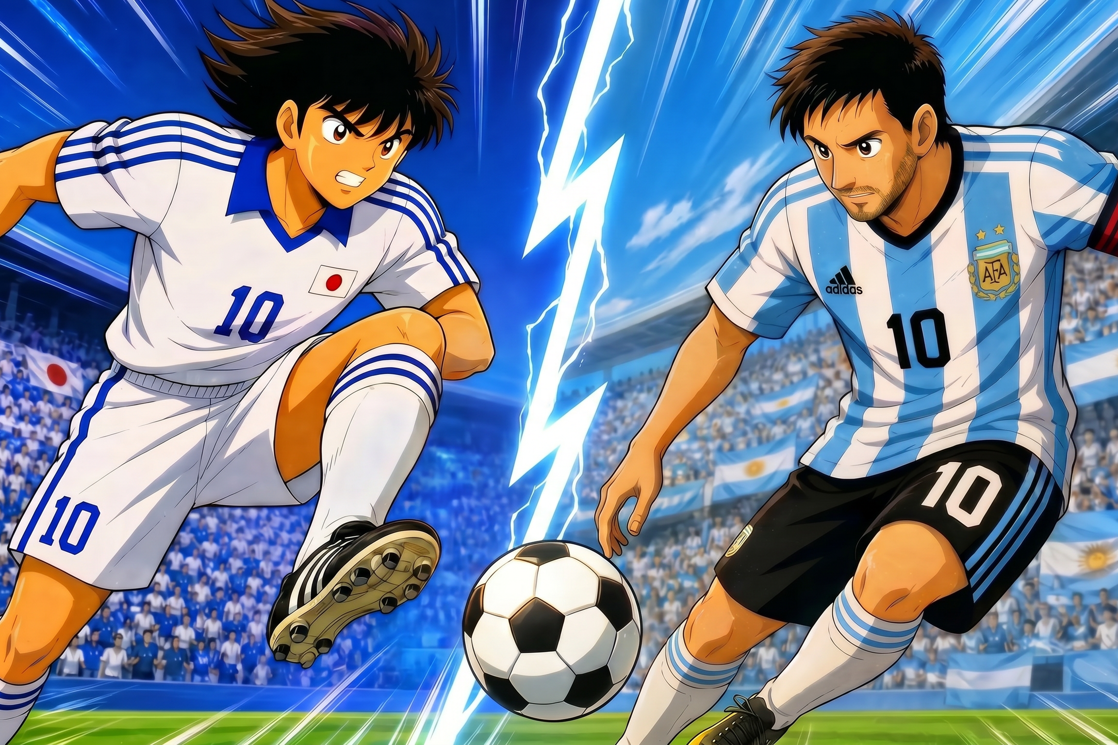 Captain Tsubasa Ozora and Lionel Messi. Anime-style soccer players in Japan and Argentina jerseys, facing off with a ball at the center. Dynamic action and vibrant colors.