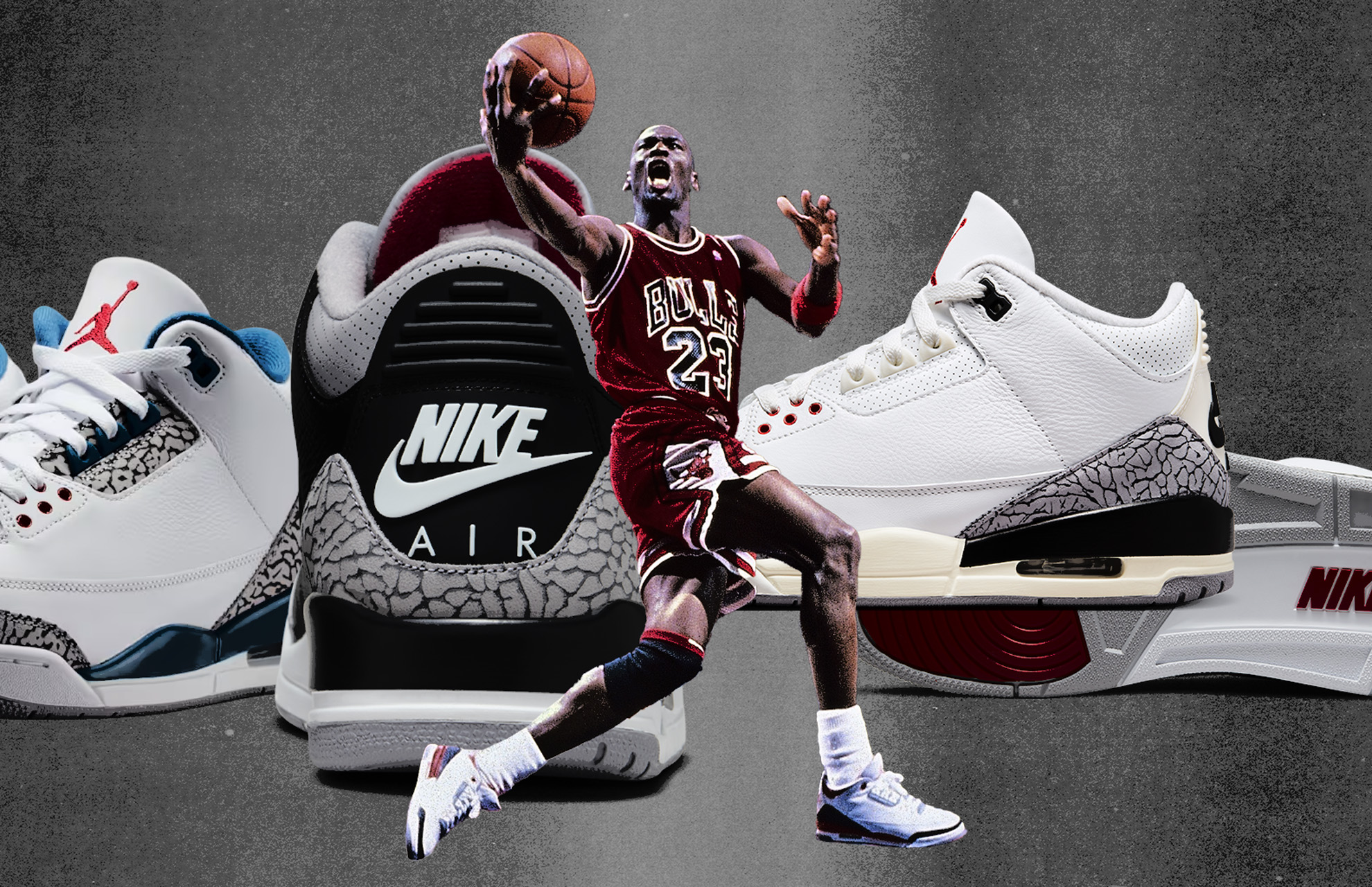'True Blue' Air Jordan 3, 'Black Cement' Air Jordan 3, 'White Cement' Air Jordan 3, 'Fire Red' Air Jordan 3