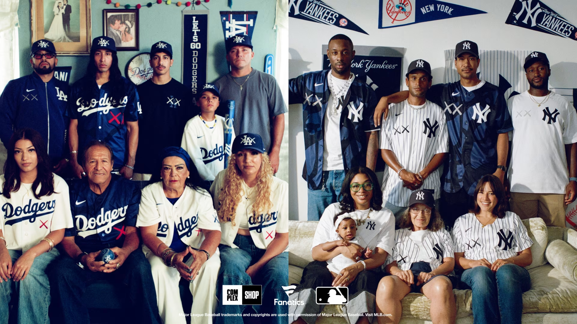 Two groups of people are wearing baseball attire. The left group is in Dodgers gear, and the right group is in Yankees gear, sitting in living rooms.