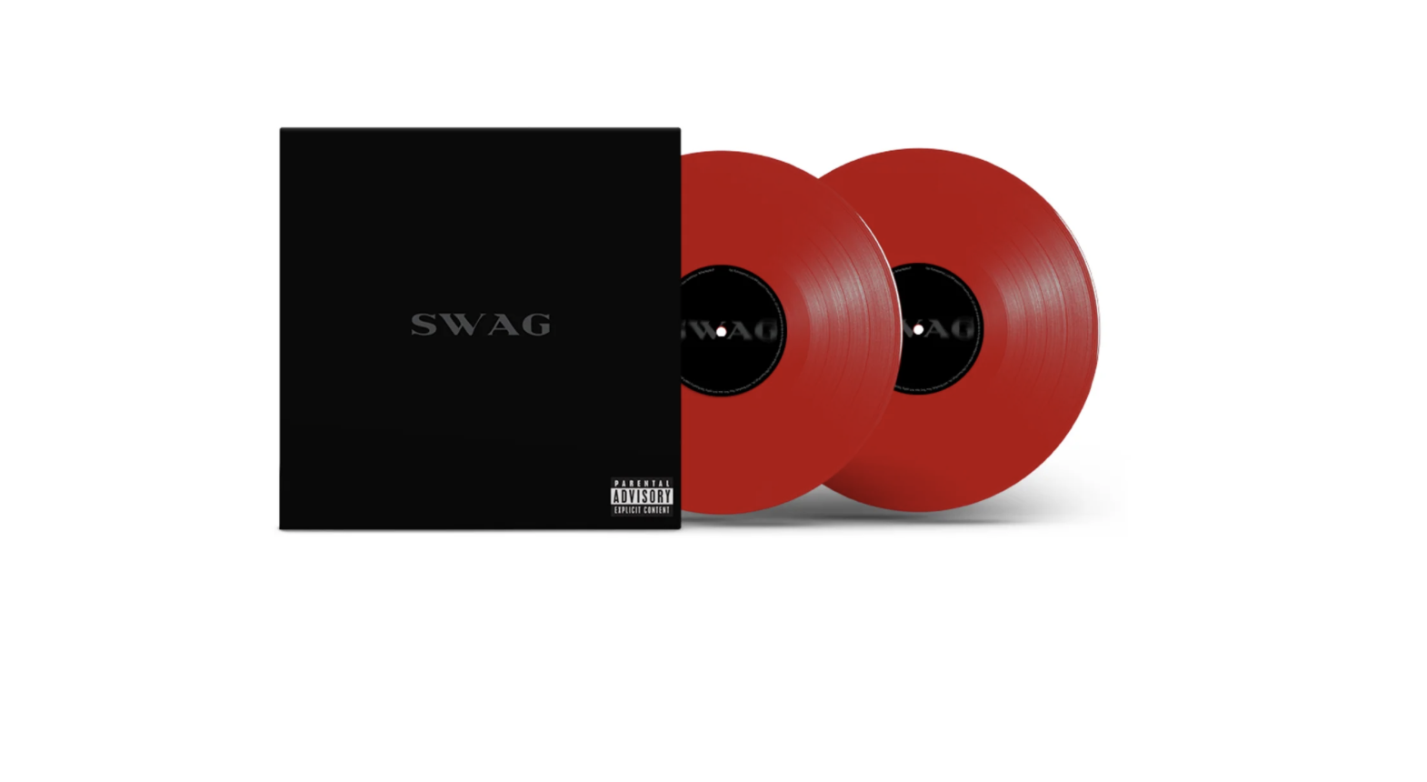 Black album cover with "SWAG" text and parental advisory label, alongside two red vinyl records.