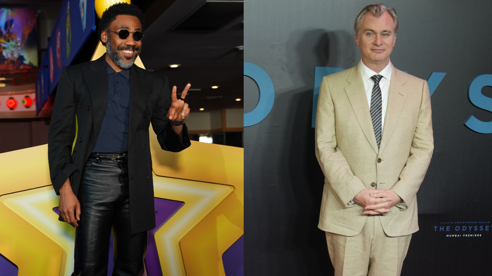 Donald Glover in sunglasses and leather pants, Christopher Nolan in a beige suit at a formal event.