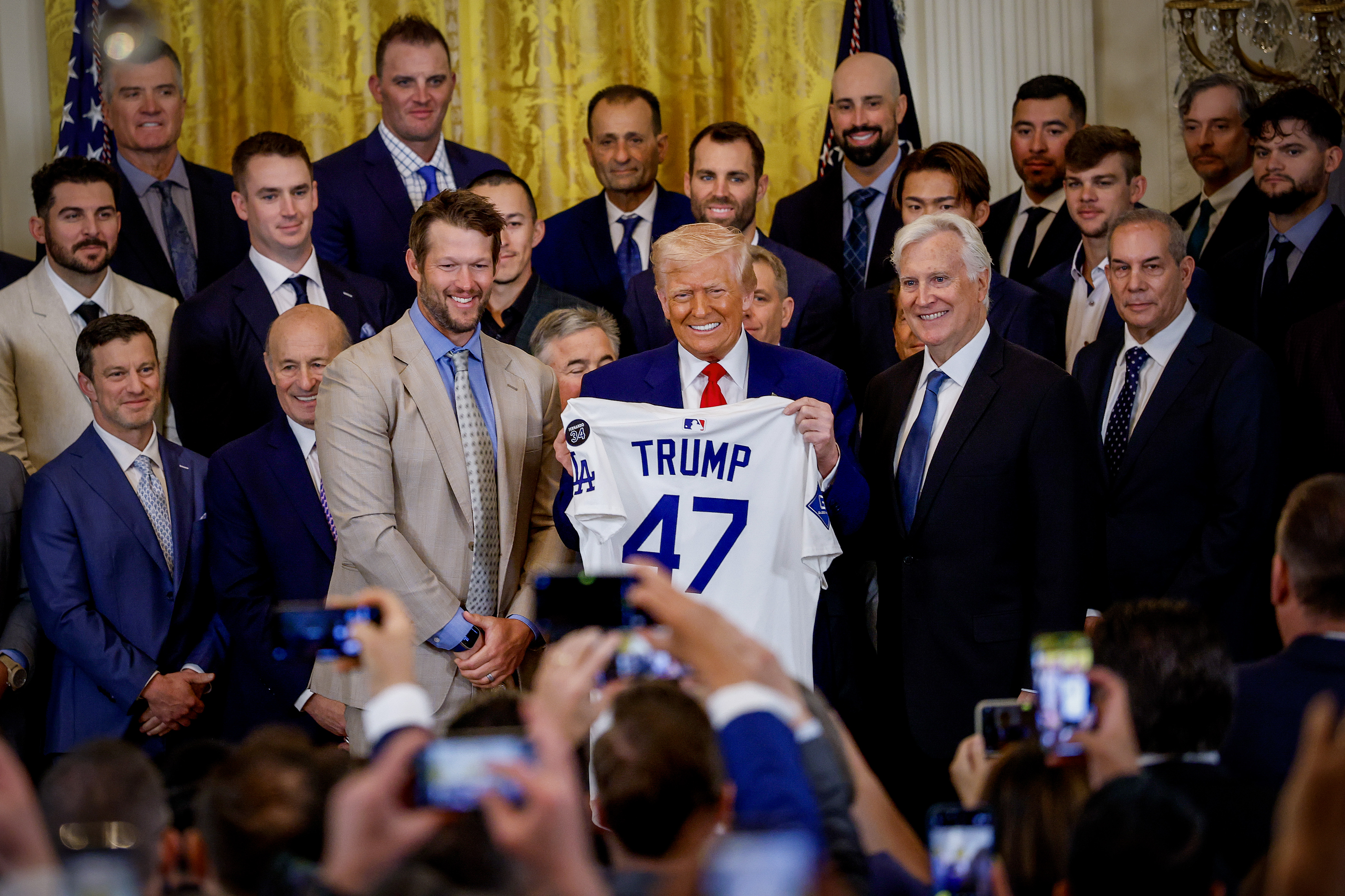 Clayton Kershaw and members of the Los Angeles Dodgers meet President Trump at the White House in April 2025. 