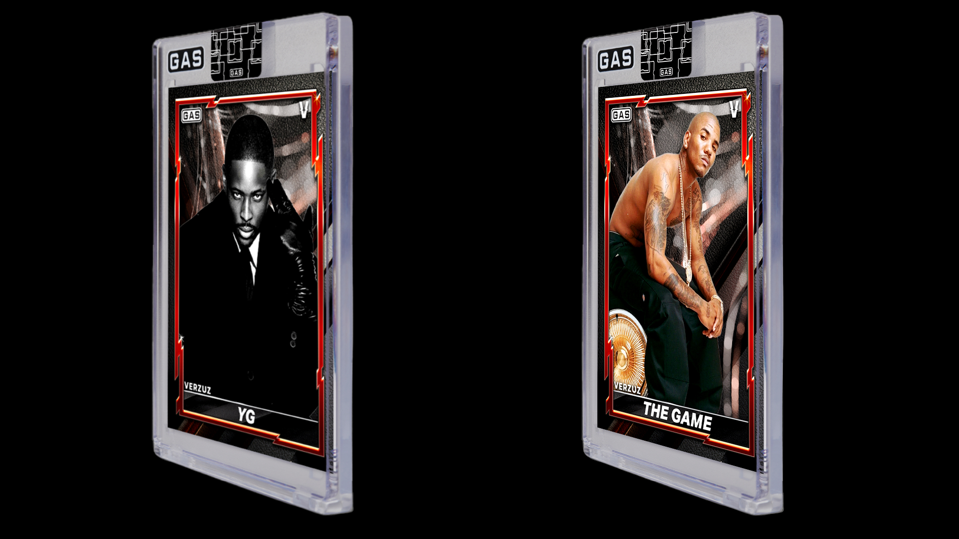 Two collectible cards featuring YG and The Game, both in protective cases with artistic designs and labels.