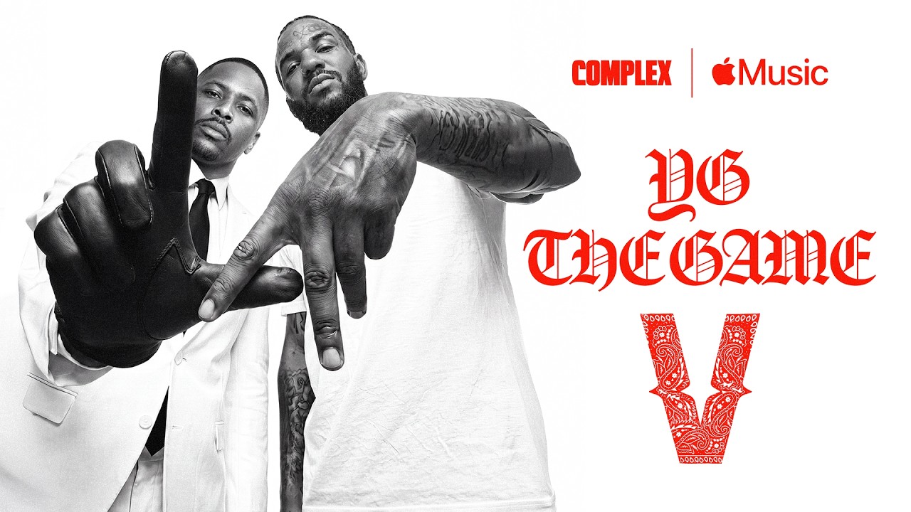 Two images side by side: Left shows YG in a black coat and cap, right shows The Game in a green jacket with a hood.