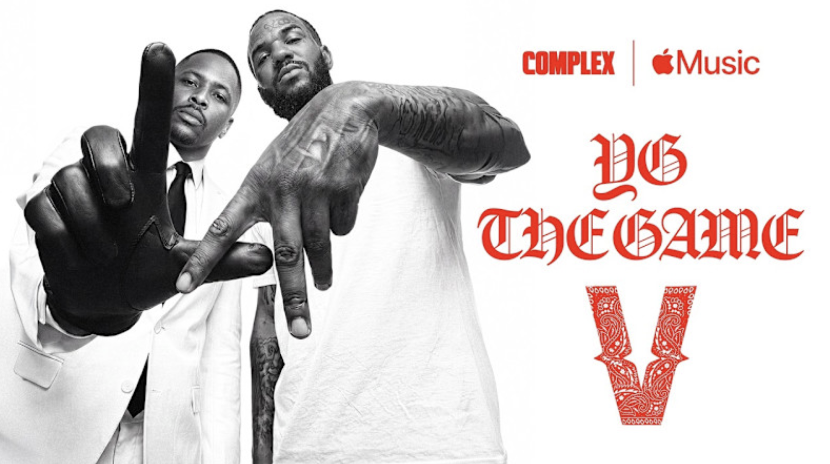 Two images side by side: Left shows YG in a black coat and cap, right shows The Game in a green jacket with a hood.