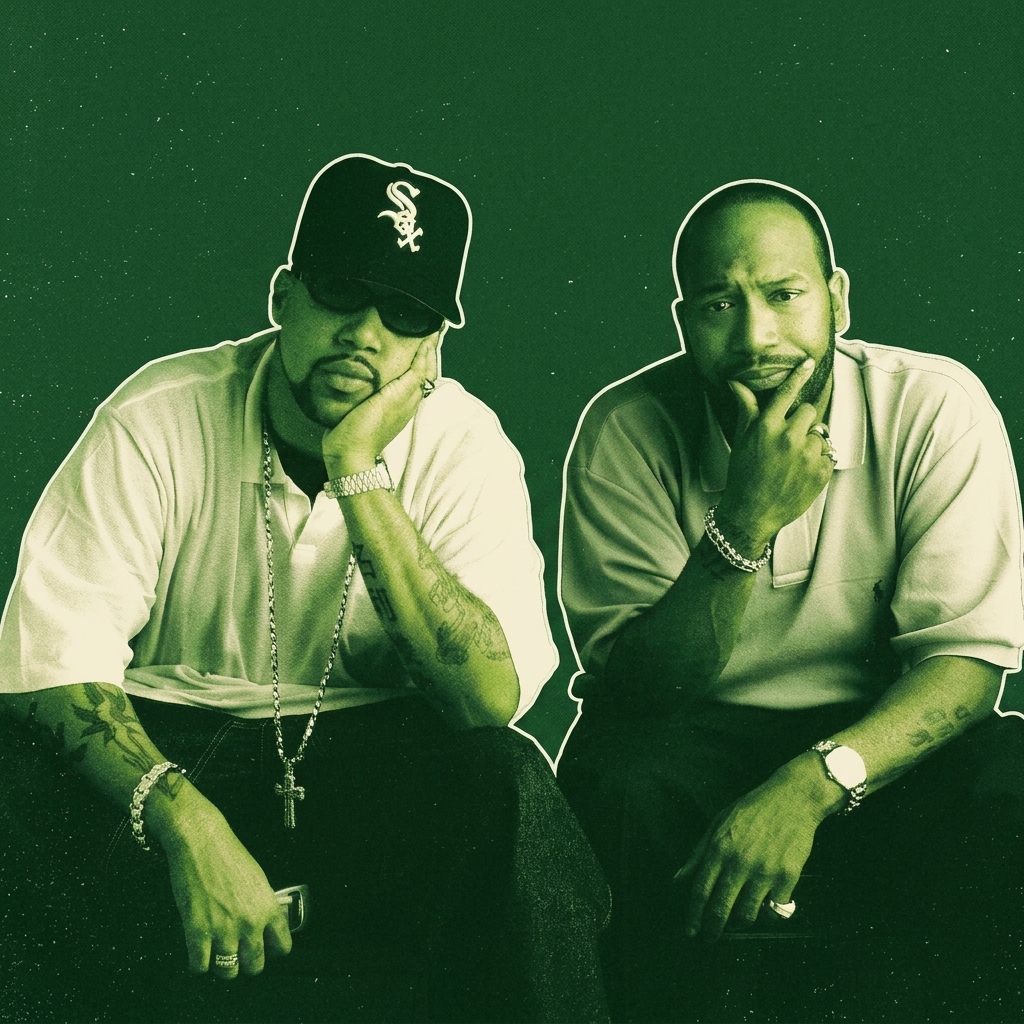 UGK sitting, both with their hands on their chins. Pimp C wears a White Sox cap and sunglasses, Bun B is bald with a goatee.