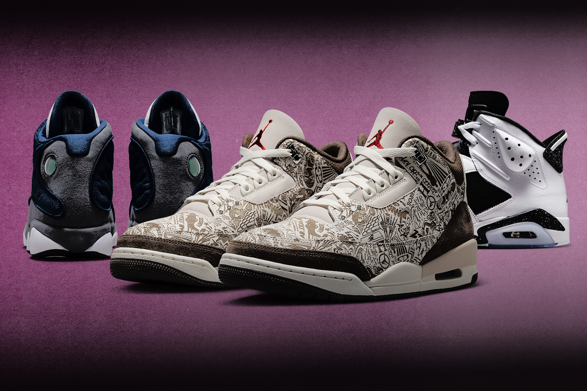 'Flint' Air Jordan 13, 'Laser' Air Jordan 3, 'Oreo' Air Jordan 6