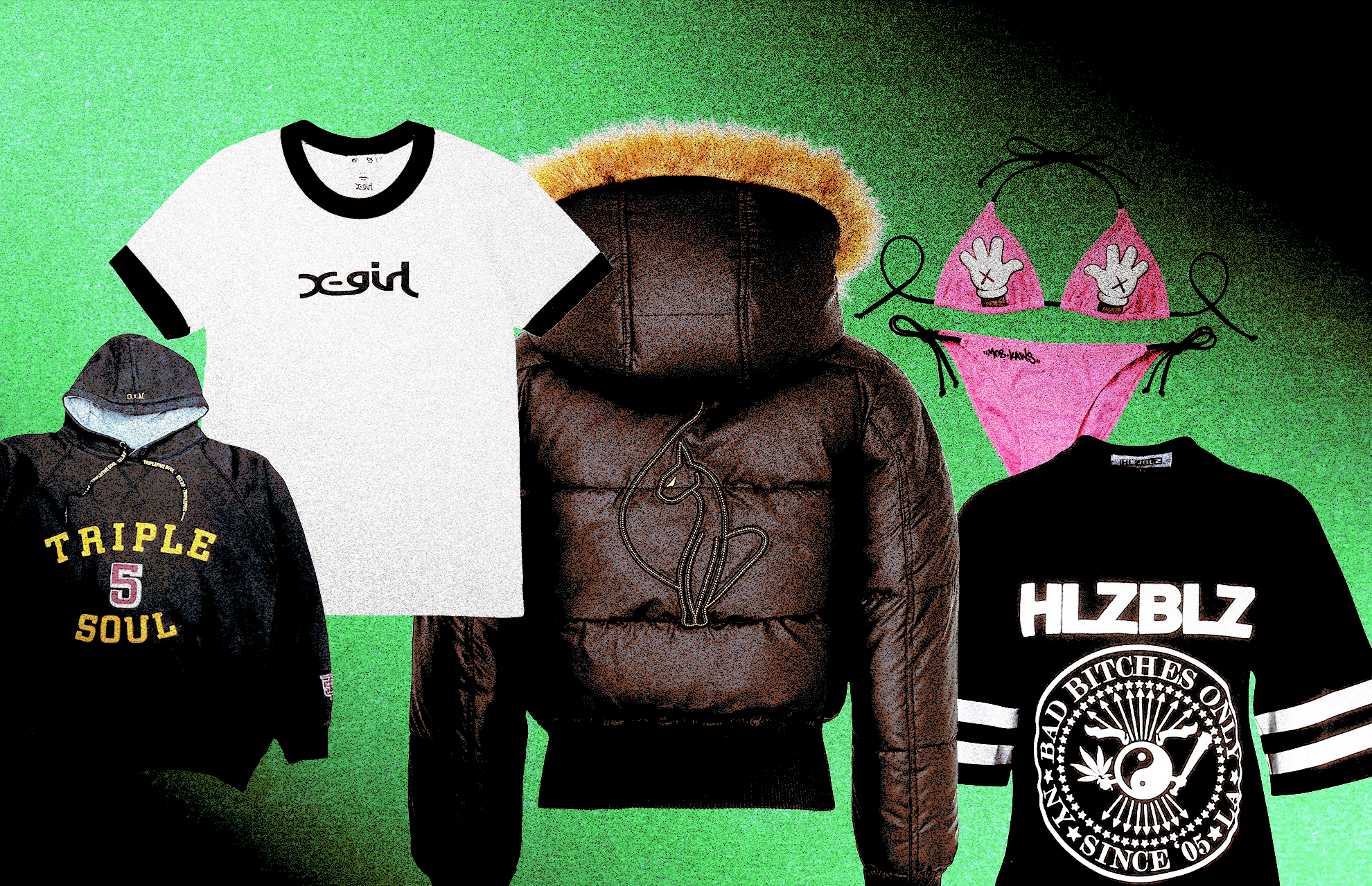 Some of the items that define women's streetwear include hoodies from Triple 5 Soul, ringer tees from X-Girl, coats from Baby Phat, bikinis from Married to the Mob, and T-shirts from HLZ BLZ.