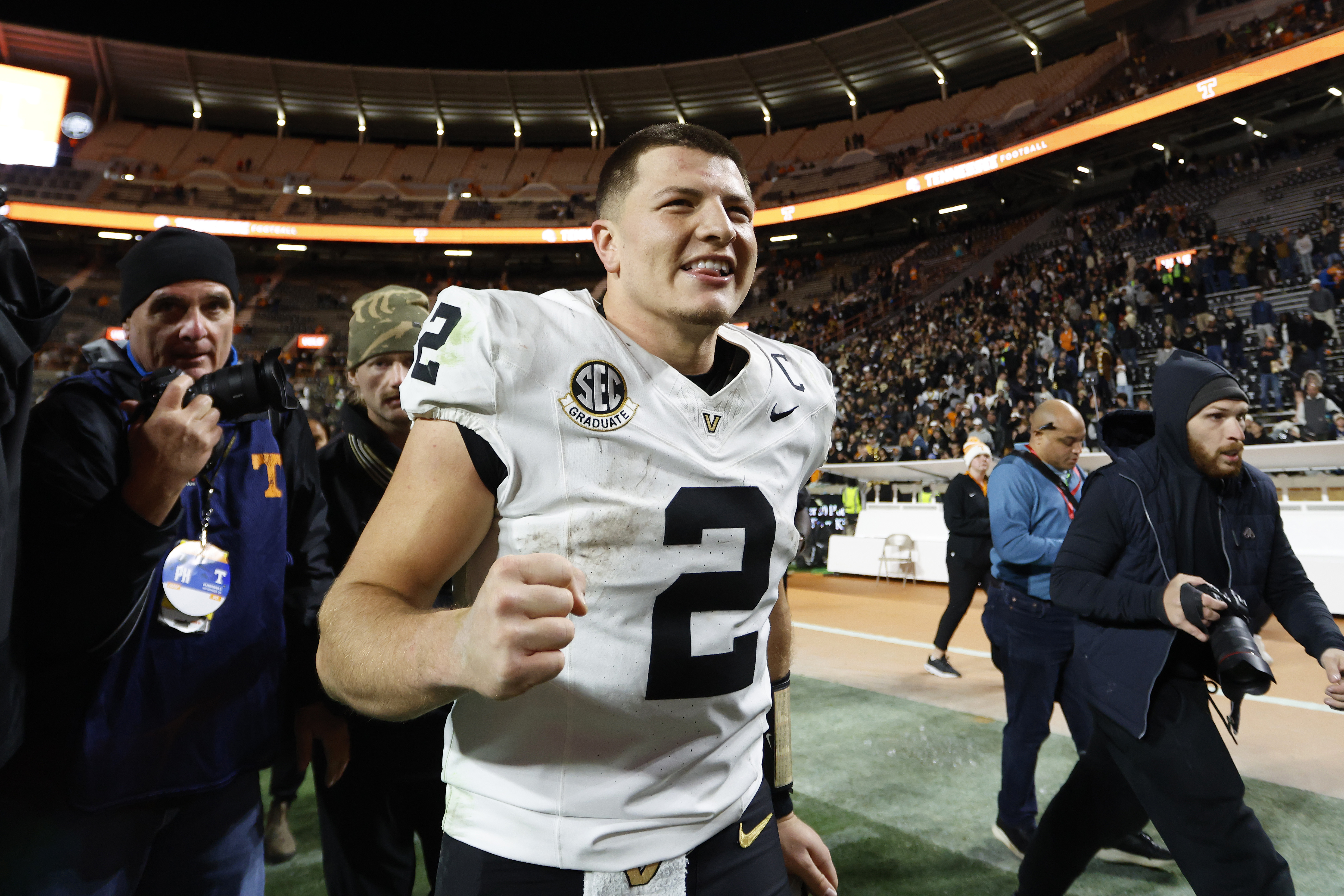 Diego Pavia celebrates after Vanderbilt defeated Tennessee in November 2025.