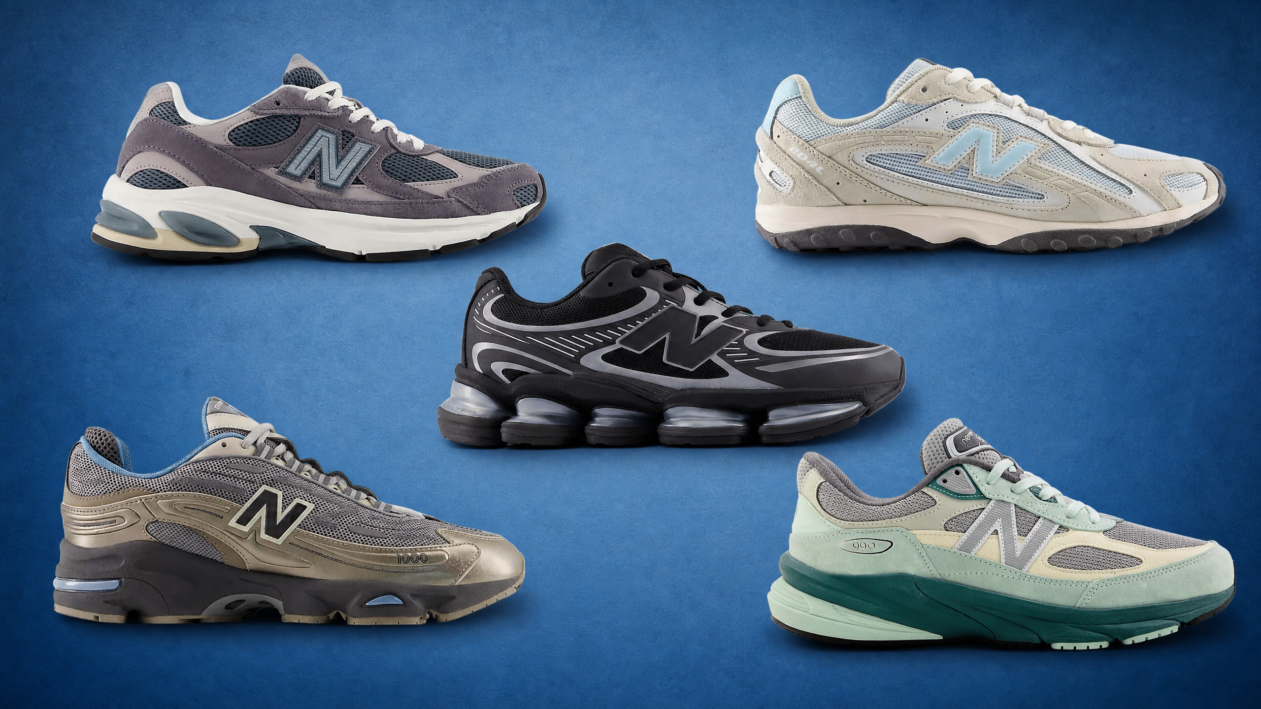 A collection of five New Balance sneakers in various colors and styles on a blue background.