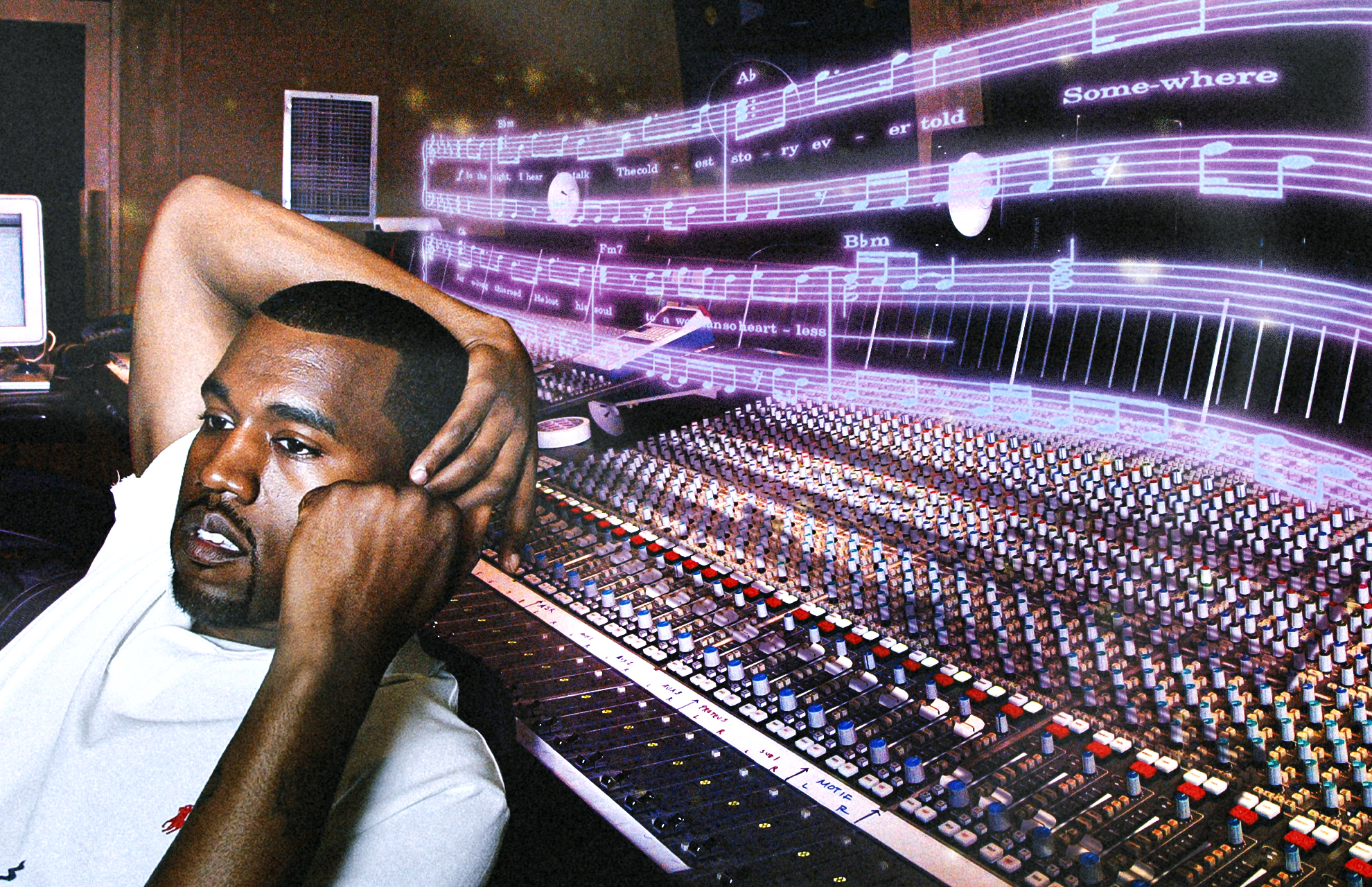 Kanye West in a recording studio, sitting by a large mixing console with digital musical notes floating above.