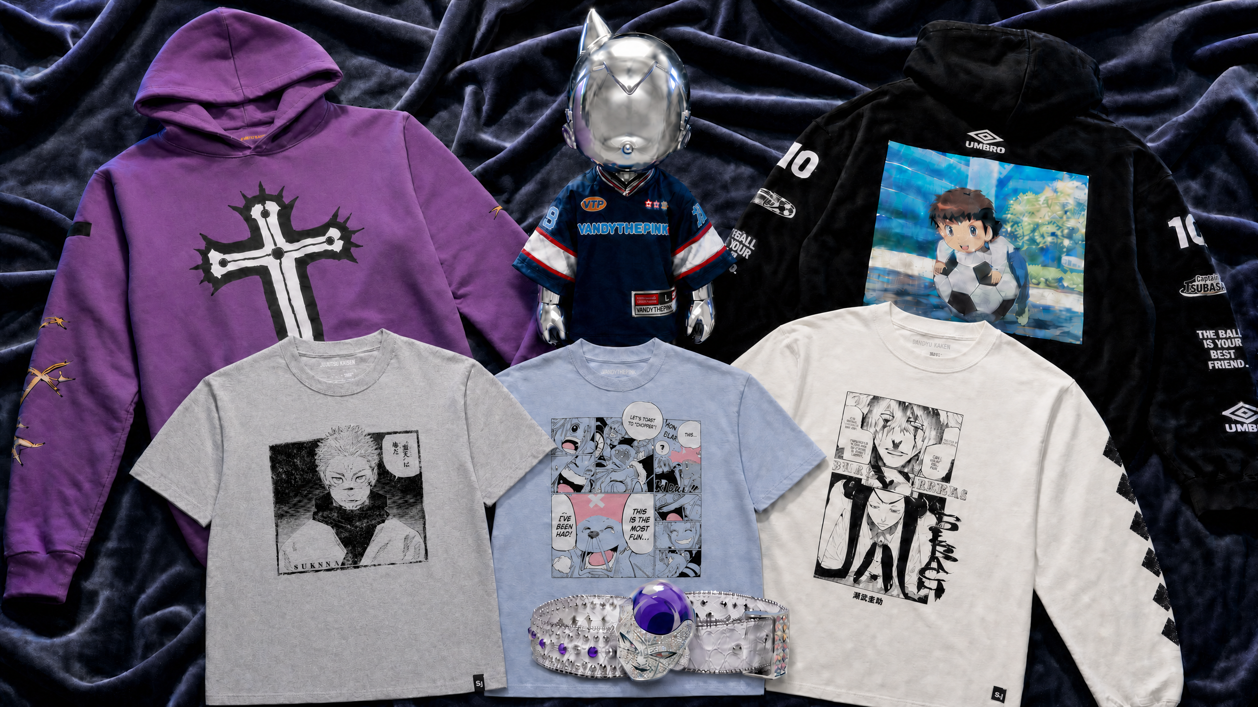 A collection of anime-themed clothing, including hoodies and T-shirts with manga designs, and a silver mannequin head wearing a jersey.