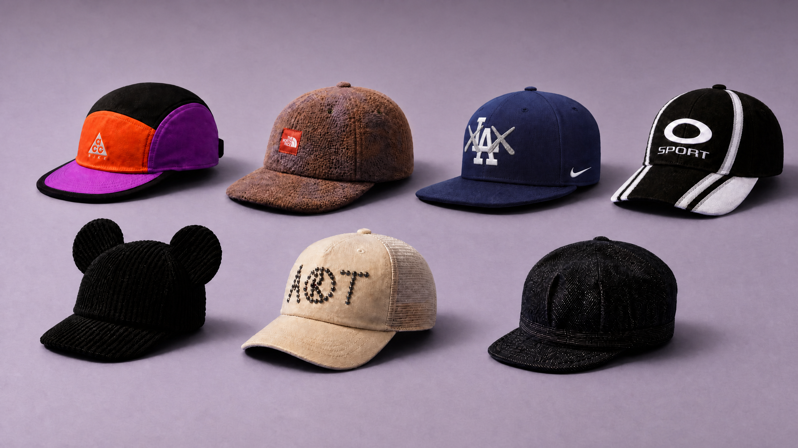 A collection of six stylish caps on a lavender background, each with unique designs and logos, including Nike ACG and The North Face.