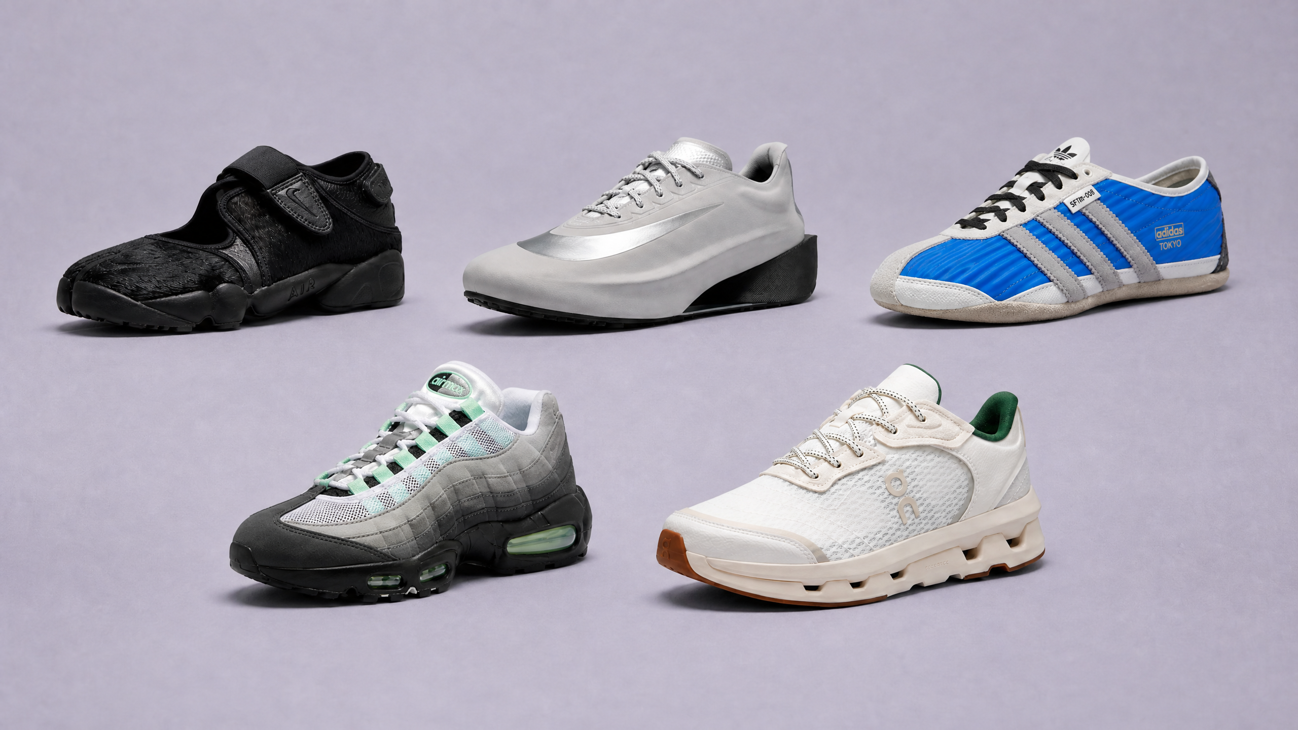 A collection of five sneakers on a gray background, each with distinct designs and colors, including black, silver, blue, gray, and white.