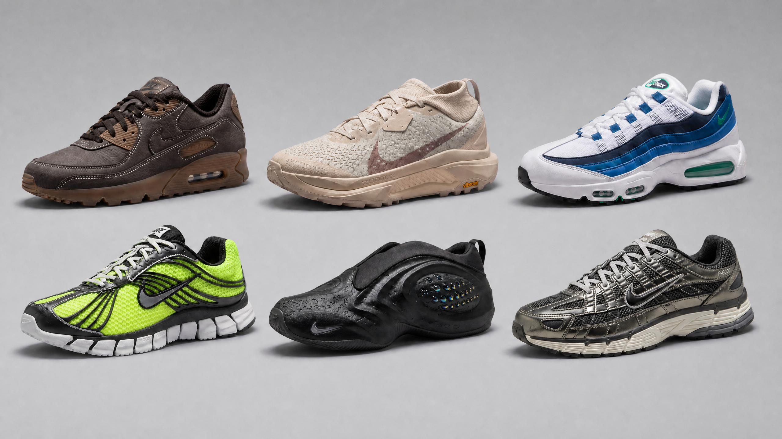 A collection of six Nike sneakers in various styles and colors, including brown, beige, white with blue, neon green, black, and gray.