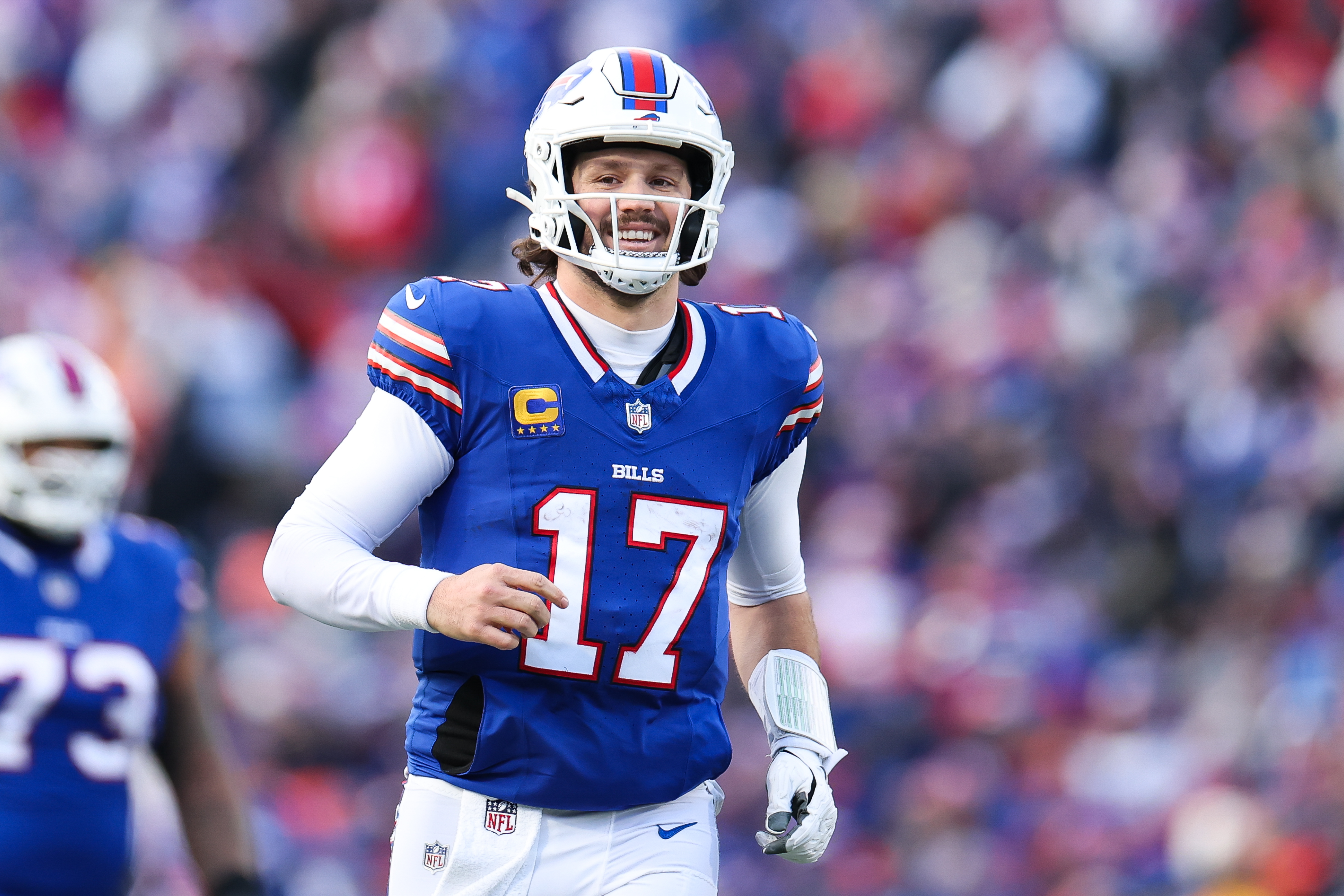 Josh Allen celebrates after scoring a touchdown during the Buffalo Bills-Denver Broncos playoff game from January 2025.