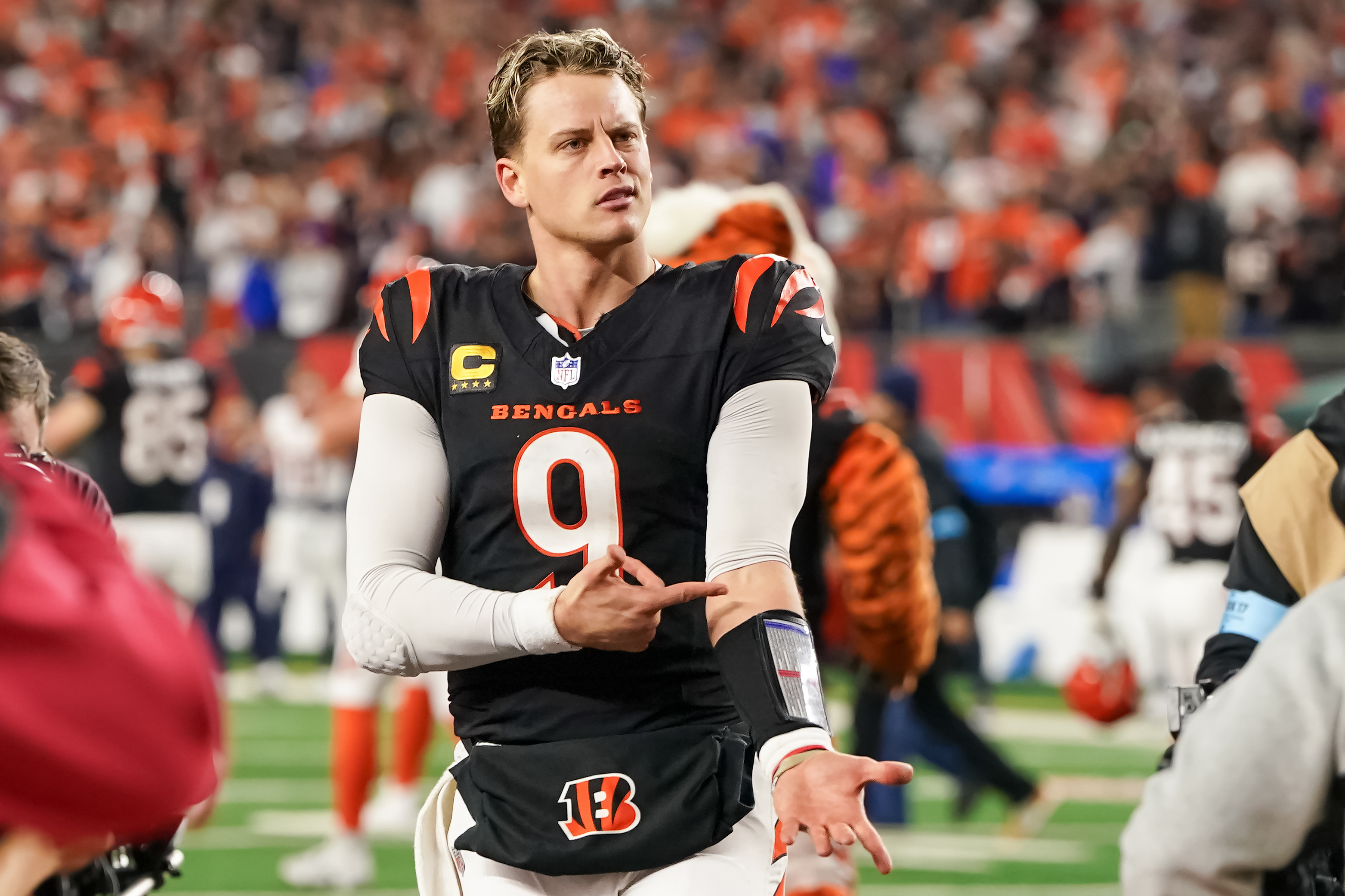 Cincinnati Bengals QB Joe Burrow celebrates after beating the Denver Broncos in December 2024. 