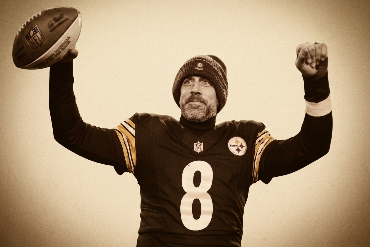 Aaron Rodgers celebrates after the Pittsburgh Steelers defeated the Baltimore Ravens to win the AFC North in January 2026. 