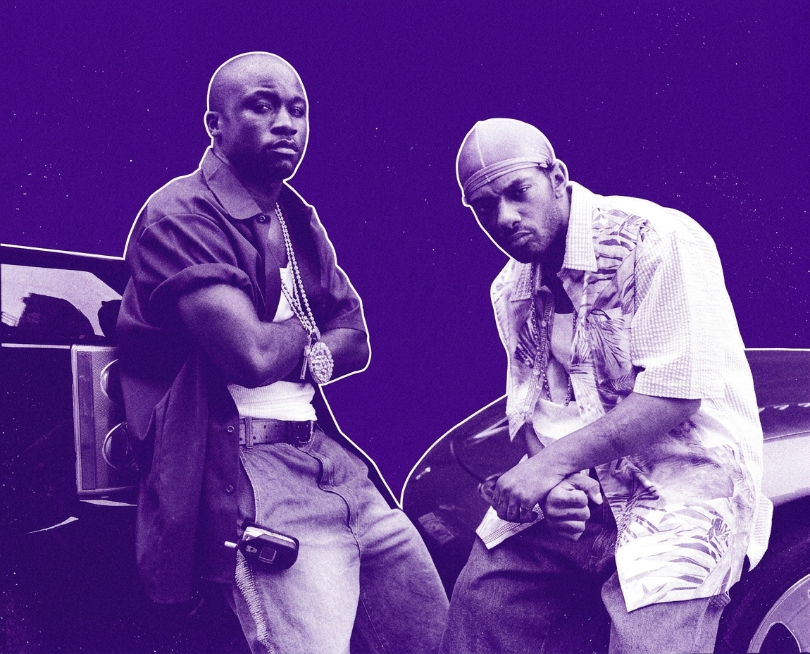 Mobb Deep in casual clothing pose confidently by a car. The image has a purple tint.