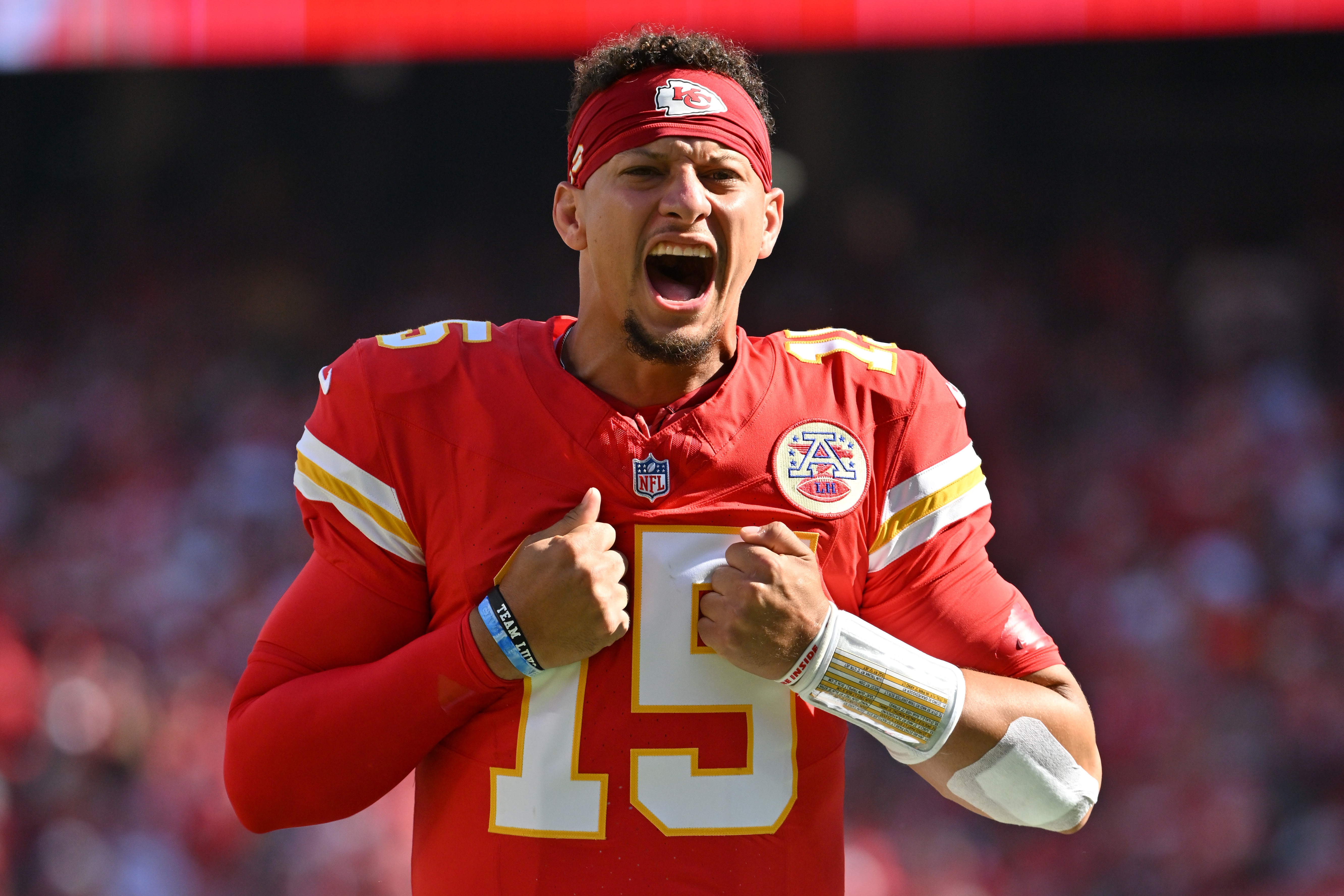 Patrick Mahomes gets pumped up before a Kansas City Chiefs-Baltimore Ravens game in September 2025.
