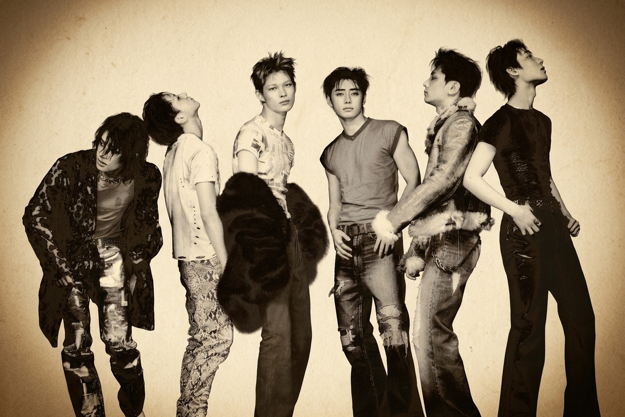 ENHYPEN six stylishly dressed young men posing against a sepia-toned background, each with unique outfits and hairstyles.