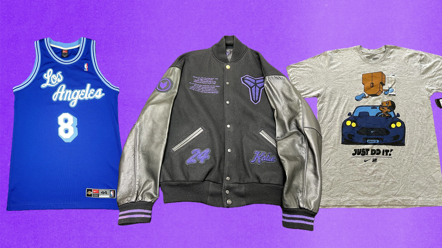 These are some of the best pieces of vintage Kobe Bryant merch worth hunting for, including throwback Lakers jerseys from the 2000s, Nike Destroyer jackets from 2006, and UNDFTD T-shirts from 2009.