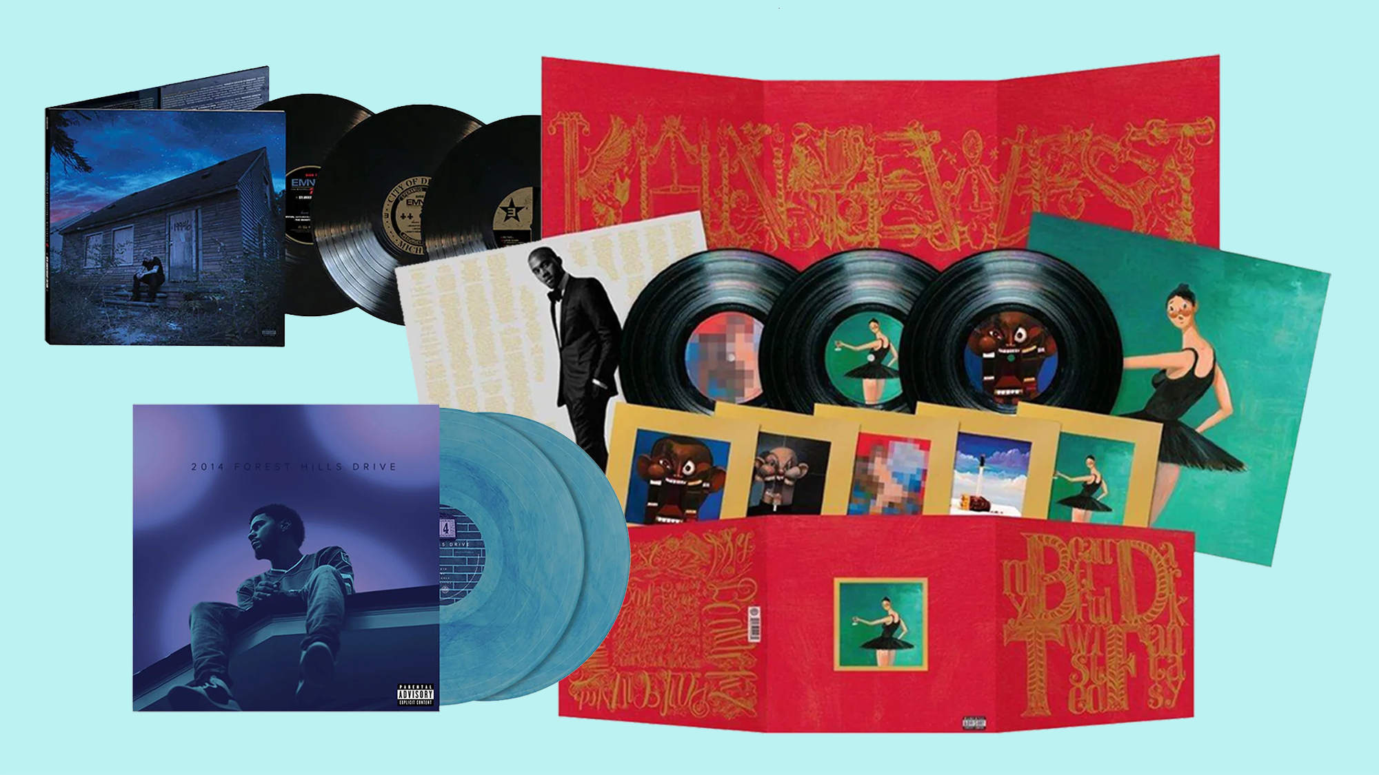 Vinyl records and album covers featuring Kanye West's "My Beautiful Dark Twisted Fantasy," J. Cole's "2014 Forest Hills Drive," and others.