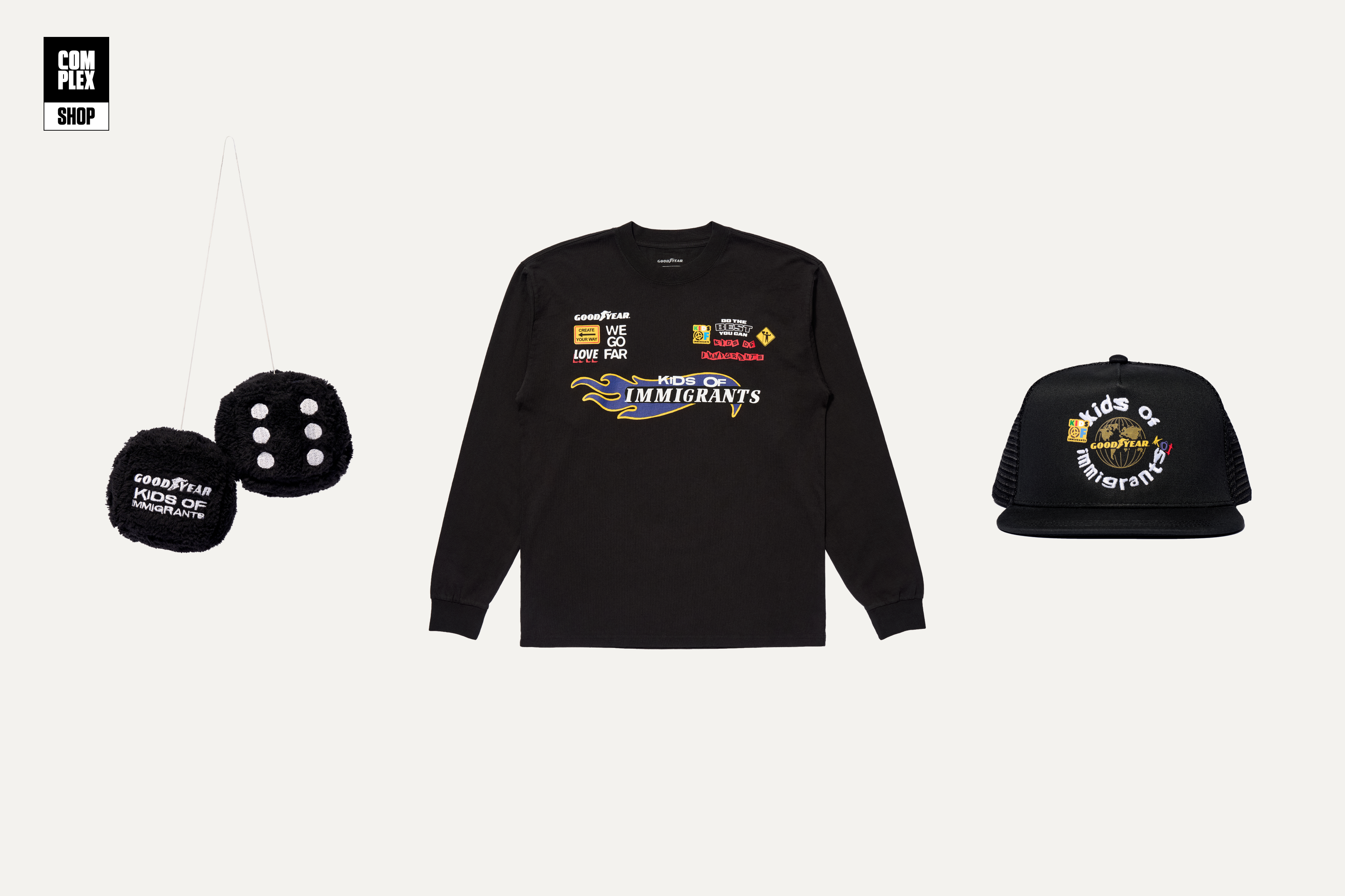 Black long-sleeve shirt and cap with "Kids of Immigrants" branding, and fuzzy dice. Items are arranged on a white background.
