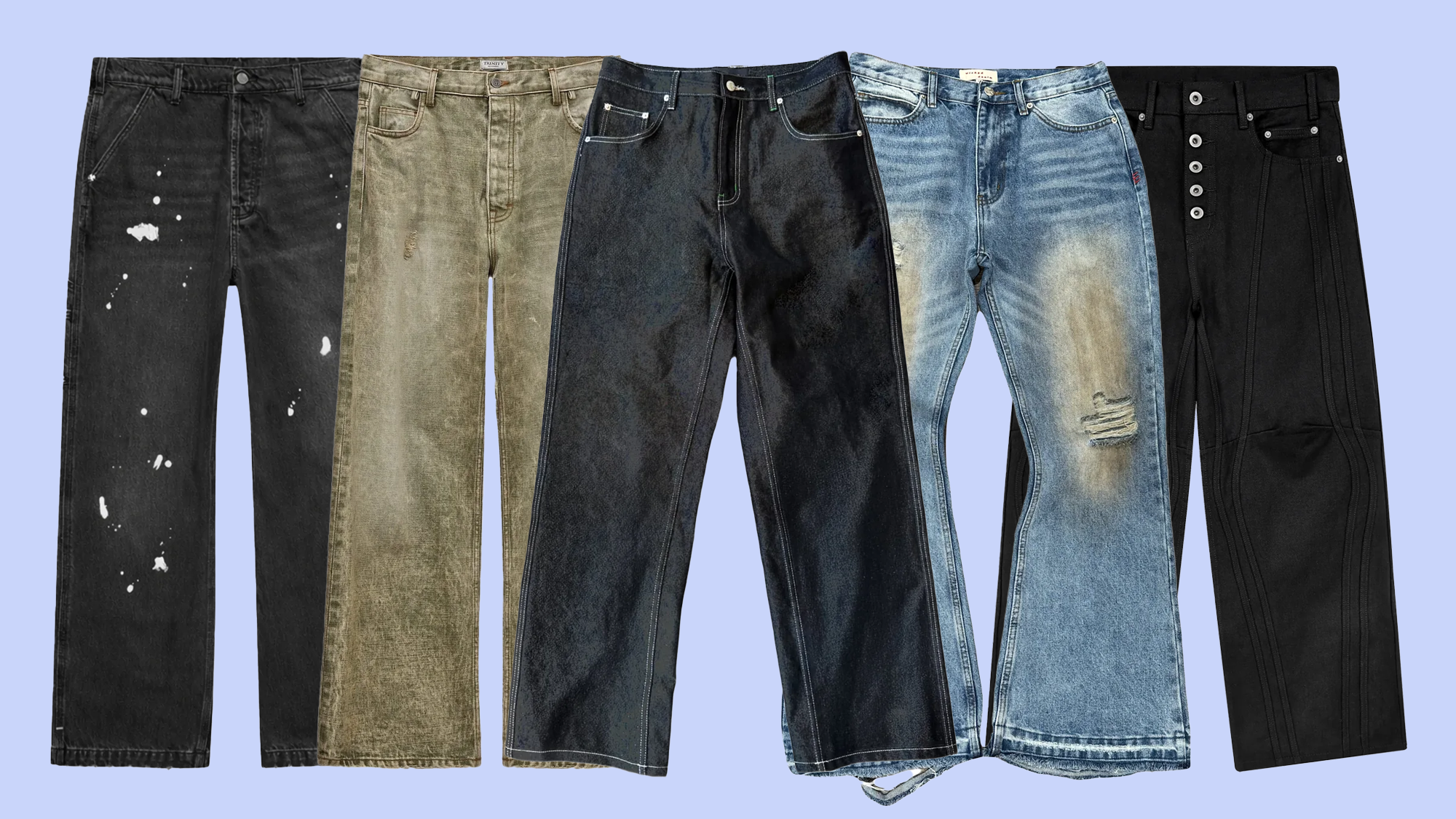 Five pairs of jeans in different styles and washes, including black with paint splatters, olive, dark blue, distressed light blue, and black with buttons.