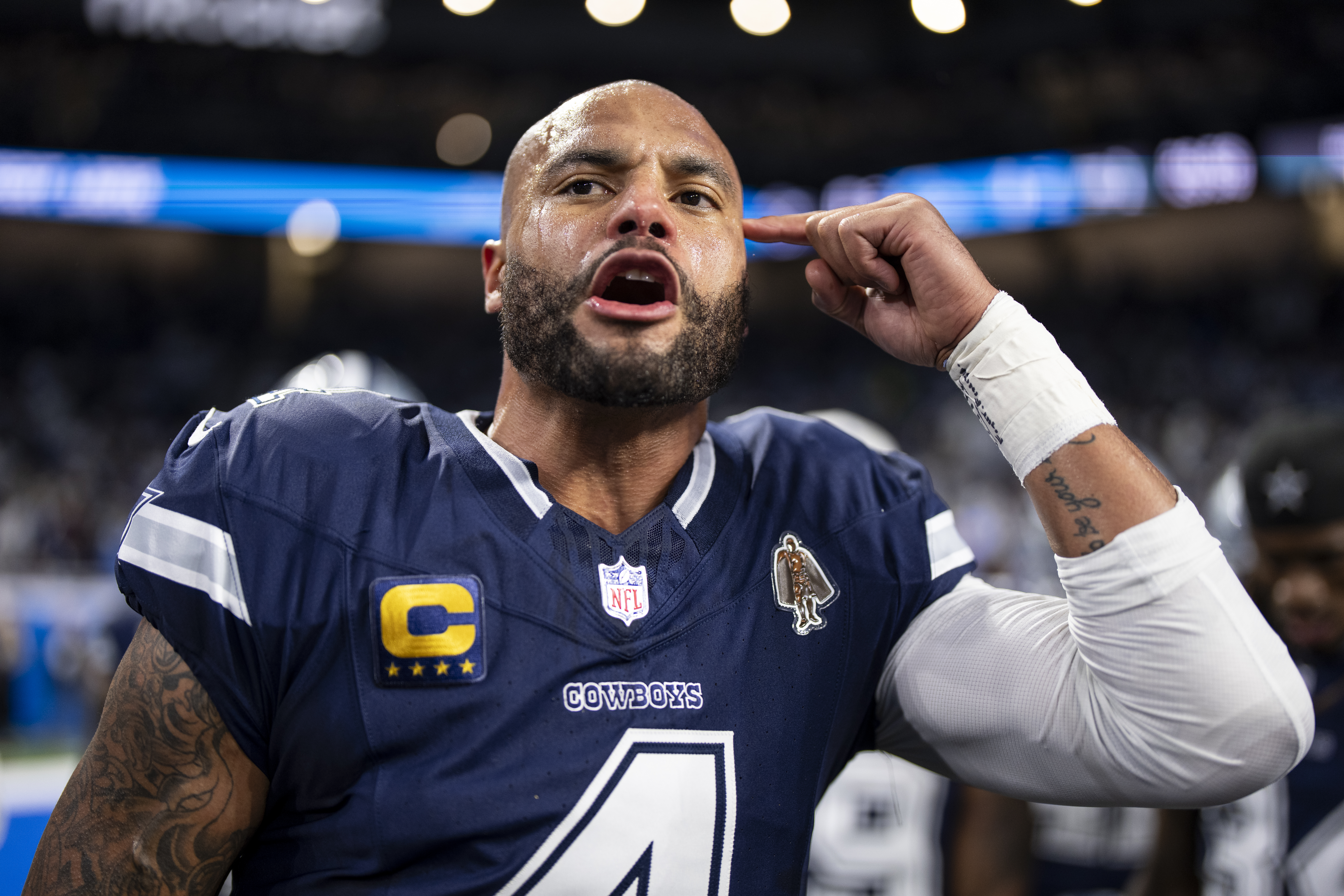 Dak Prescott reacts during a Lions-Cowboys game in December 2025.