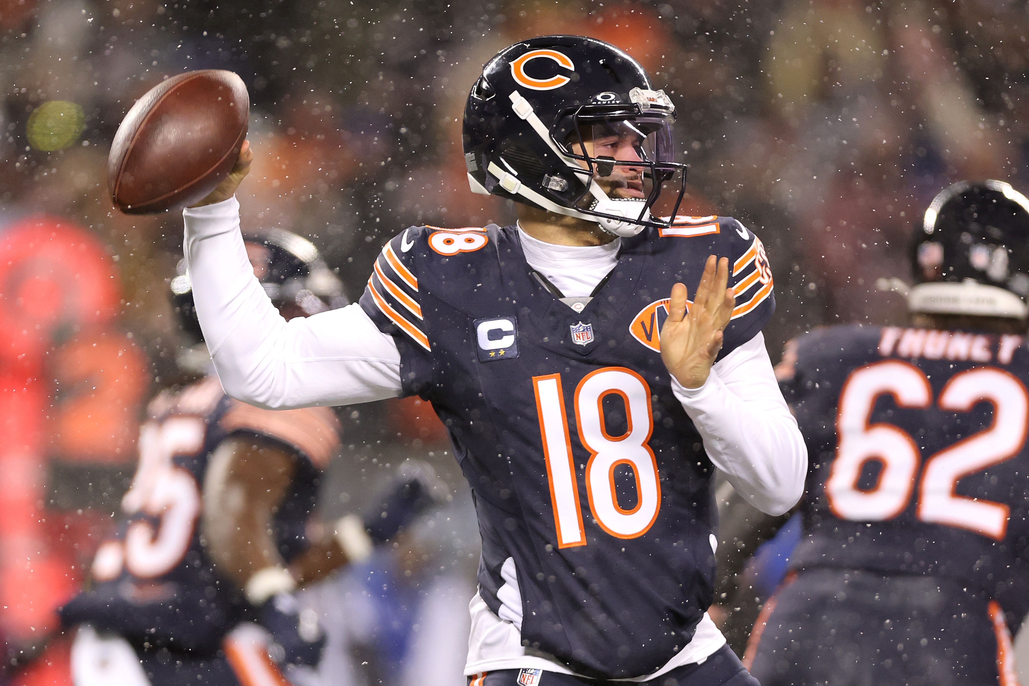 Caleb Williams throws a pass during the Chicago Bears-Los Angeles Rams Divisional Playoff Game in January 2026. 
