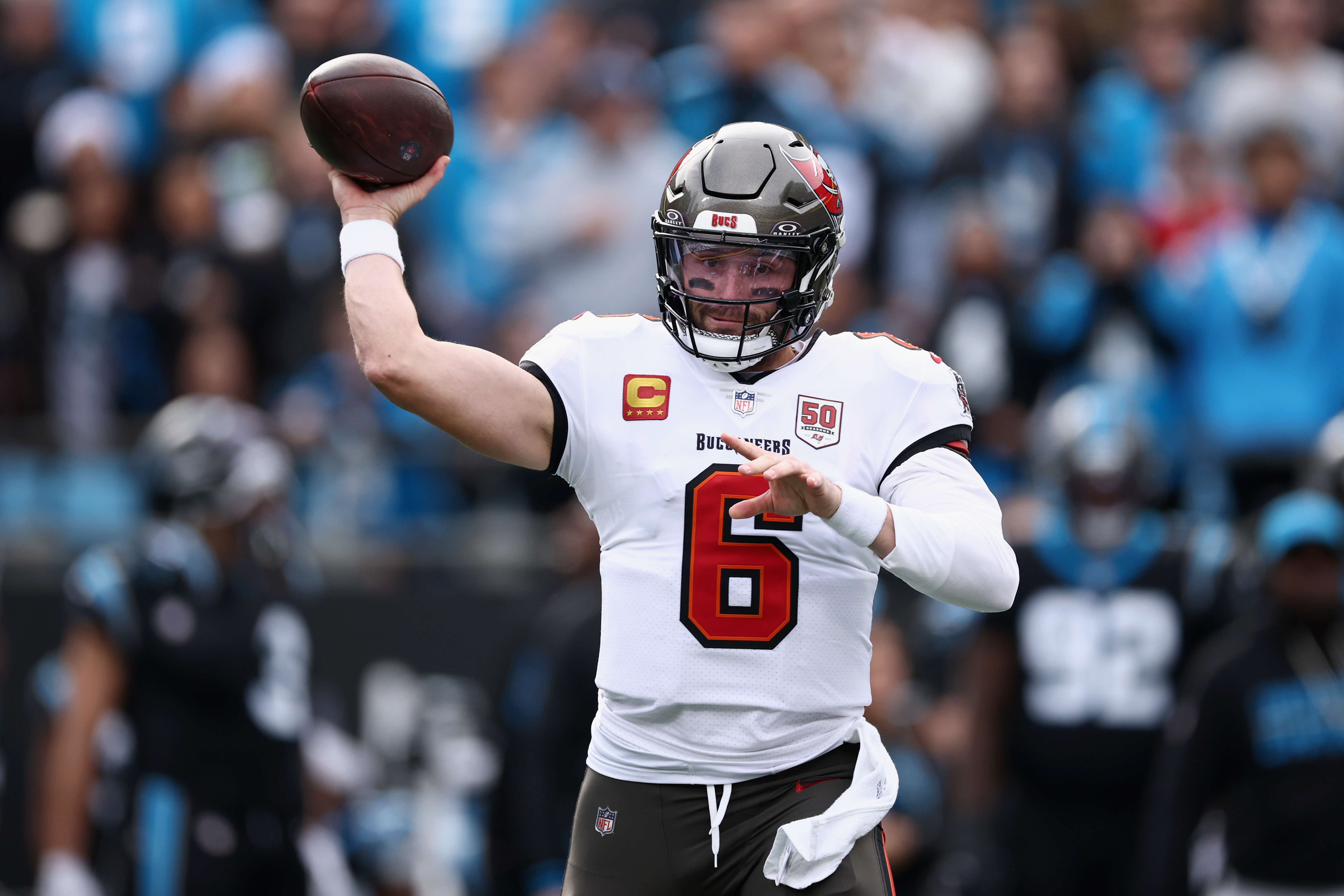 Baker Mayfield throws a pass during a Tampa Bay Bucs-Carolina Panthers game in December 2025.