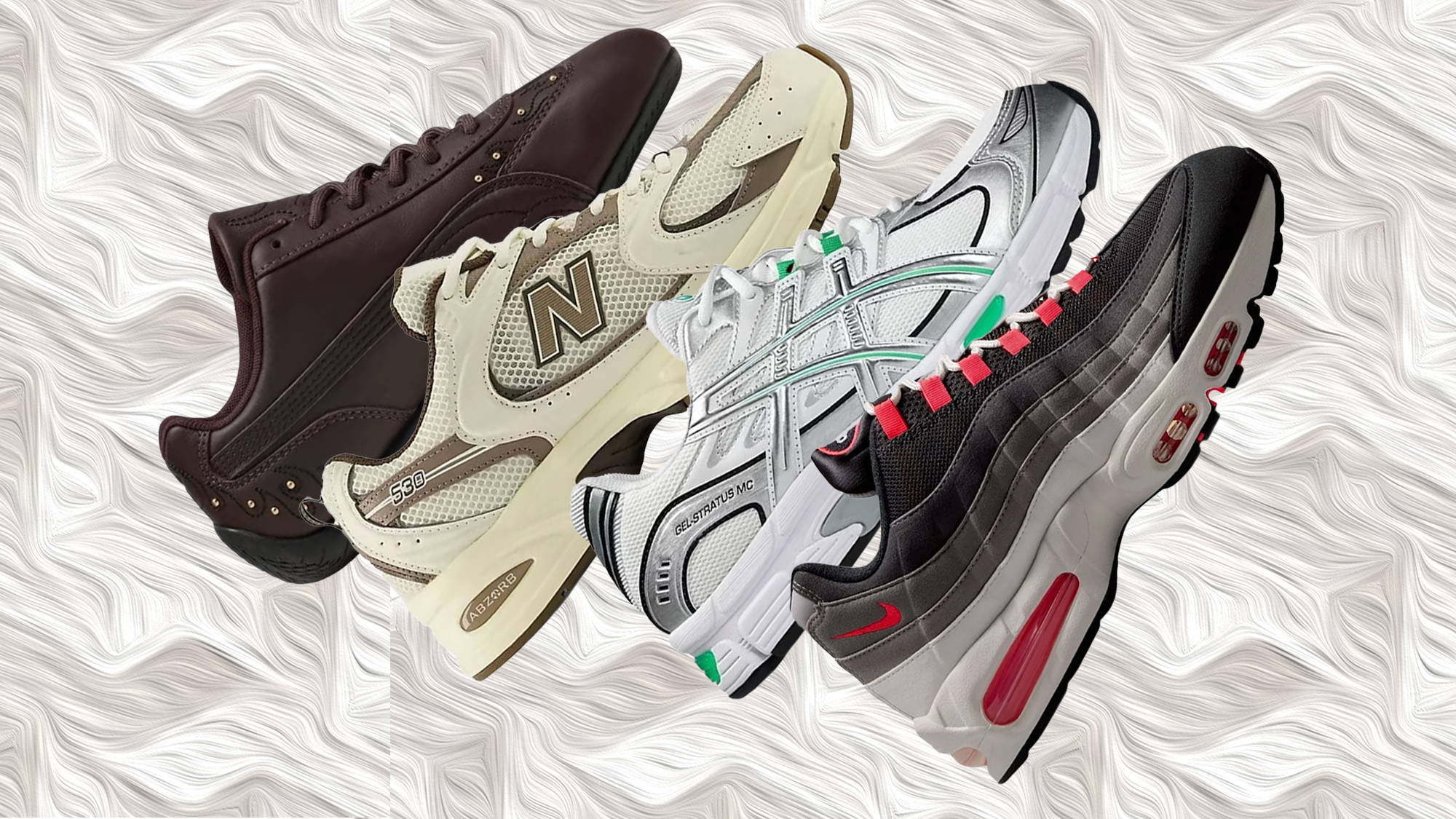 A collage of four sneakers: brown, beige with New Balance logo, white with green accents, and black with red accents.