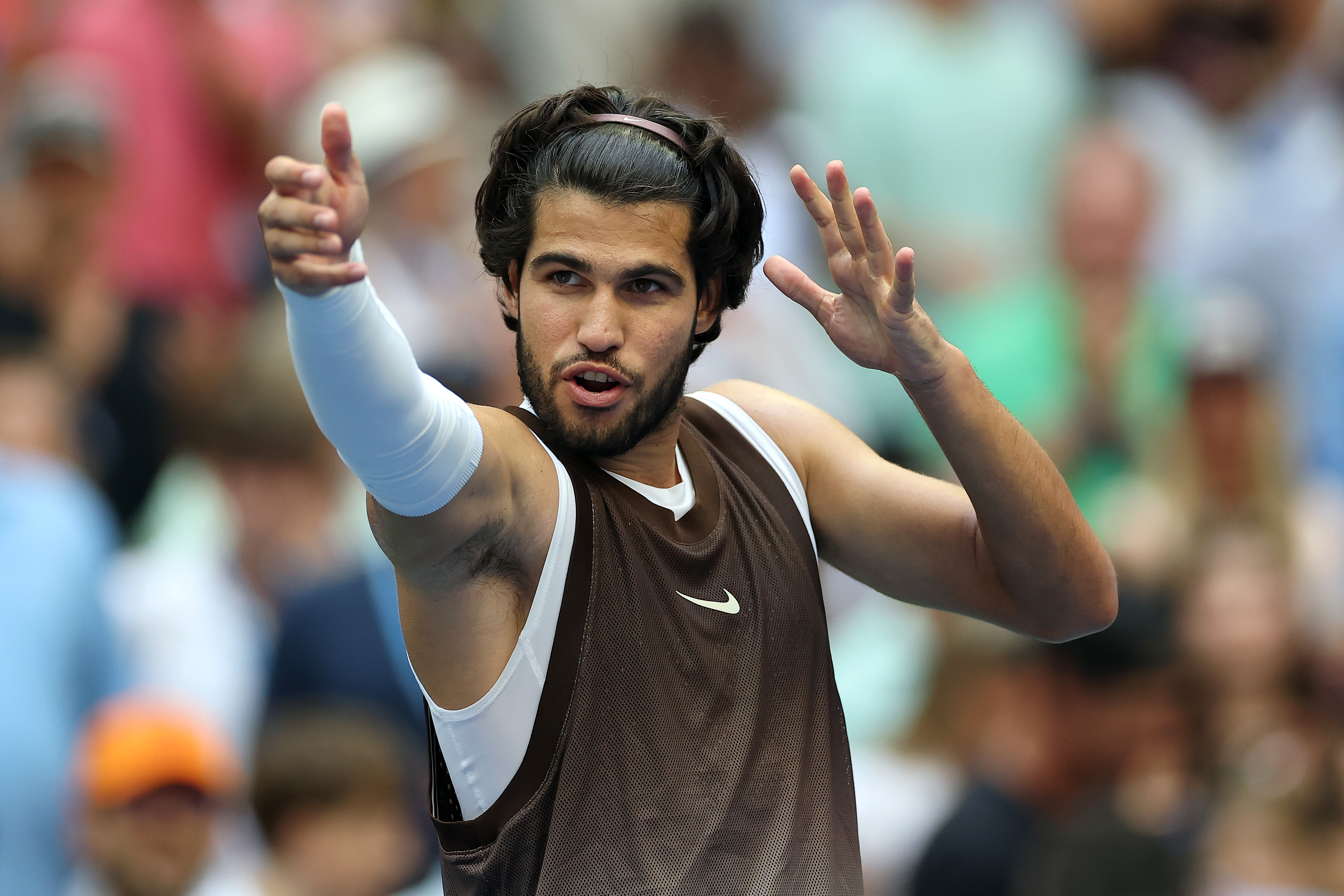 Carlos Alcaraz celebrates during his third round match at the 2026 US Open. 