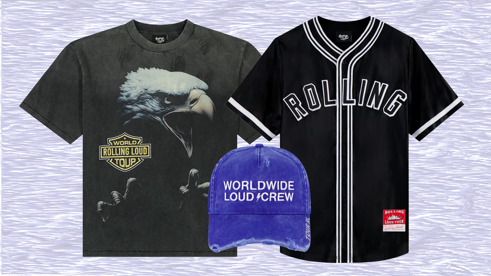 A black T-shirt with an eagle design and "World Rolling Loud Tour" logo, a black baseball jersey with "Rolling," and a blue cap with "Worldwide Loud/Crew."