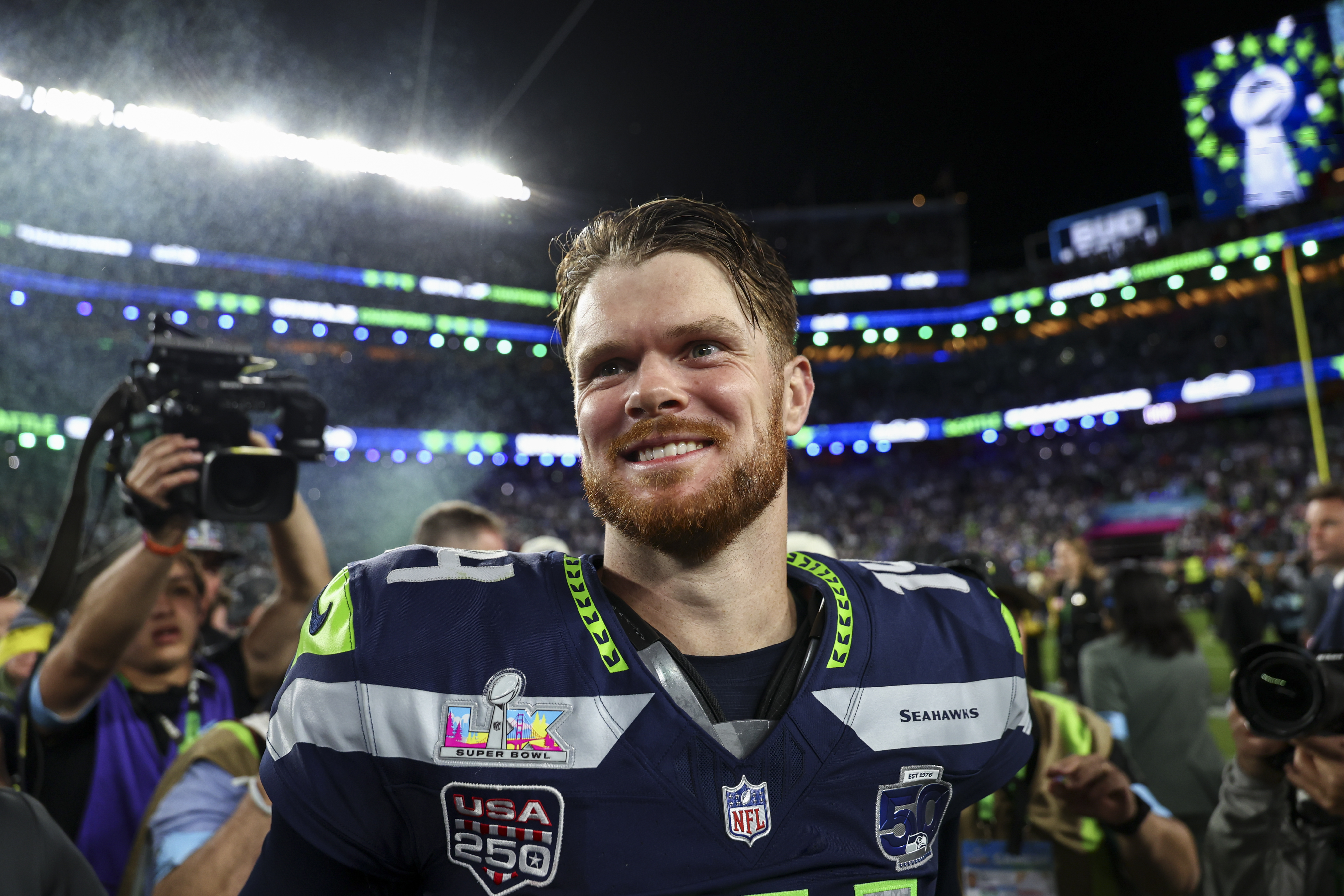 Sam Darnold walks off the field after the Seattle Seahawks won the Super Bowl in February 2026. 