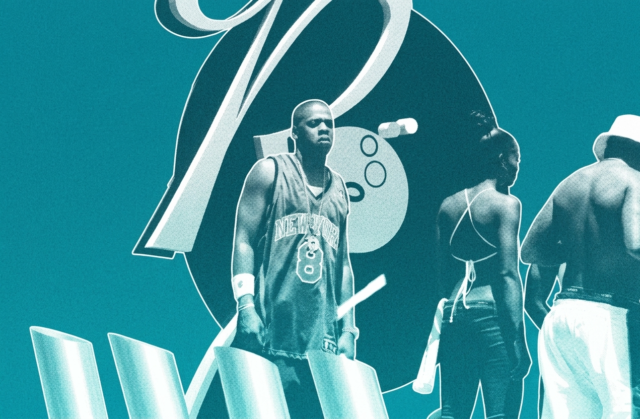 A stylized image with Jay-Z in a New York jersey, a woman in a swimsuit, and another person. The background features bold graphics.