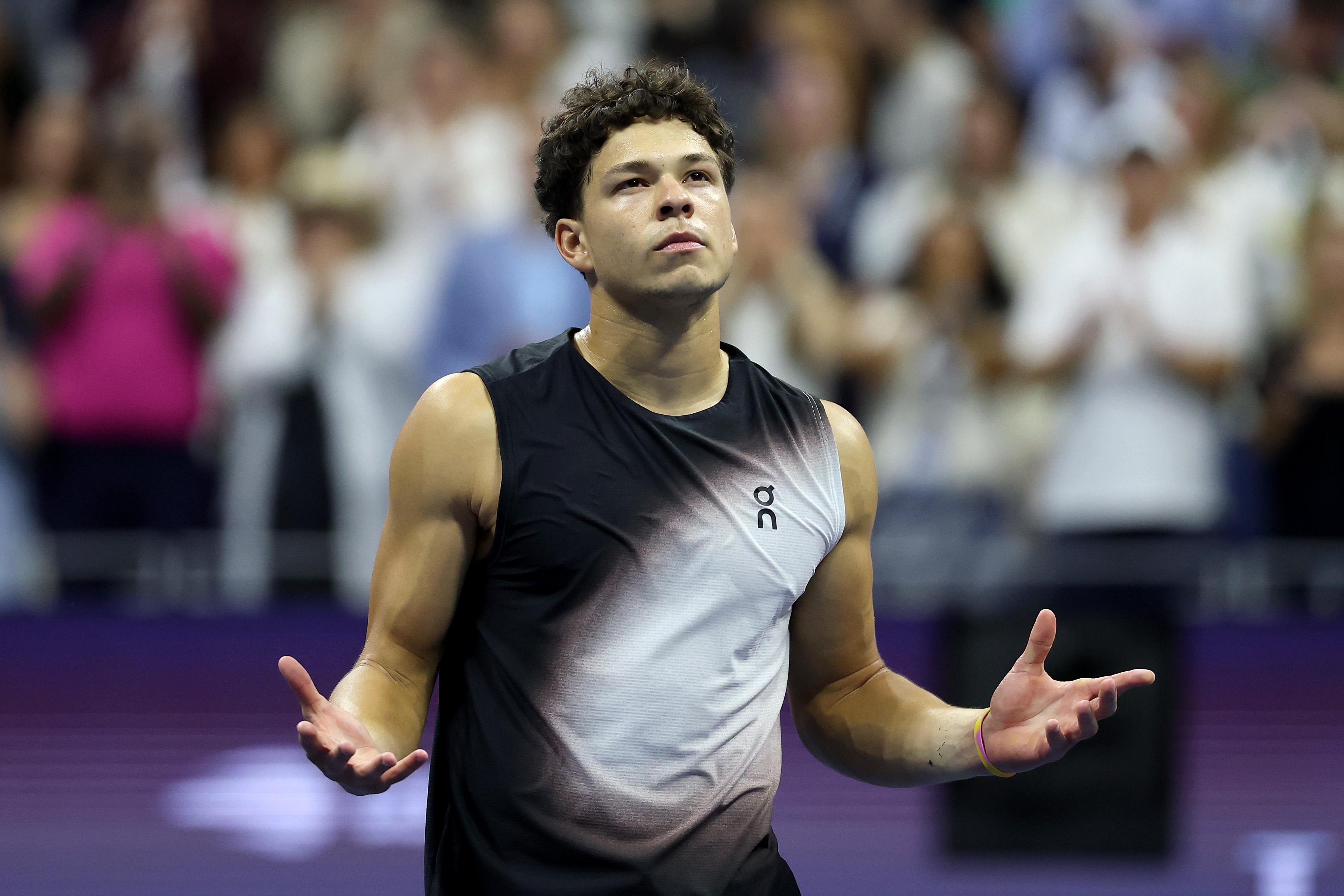 Ben Shelton celebrates after beating Frances Tiafoe in the 2026 US Open semifinals.