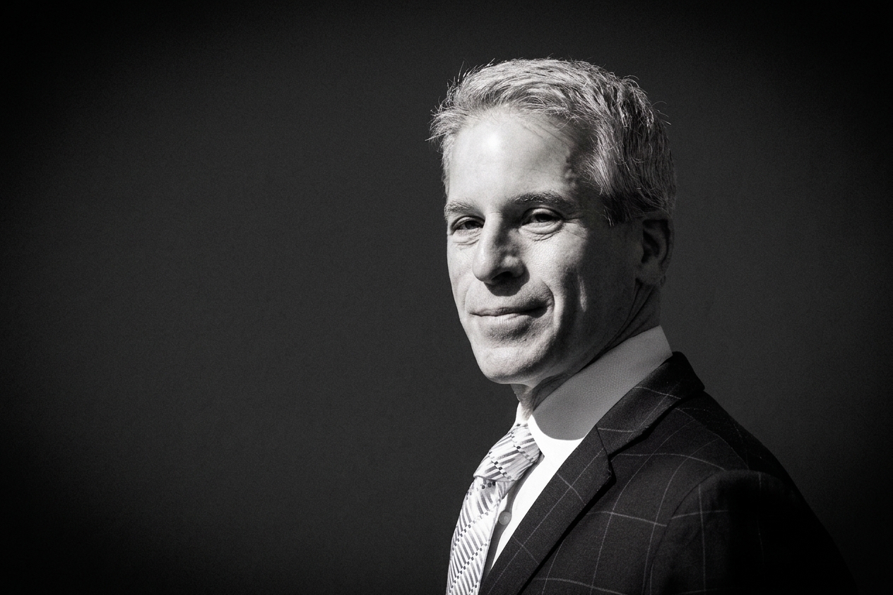 Black and white portrait of Brian Steel in a suit, looking confidently at the camera.